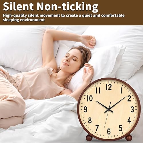 Miniatura 4 de Maxspace Reloj de mesa de madera, reloj de escritorio silencioso sin tictac de 8 pulgadas, funciona con pilas, reloj analógico de escritorio para