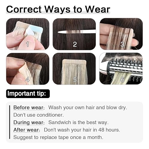 Miniatura 6 de SUYYA Extensiones de cabello humano adhesivas de color rubio ceniza con reflejos rubio decolorado, 18 pulgadas, 1.76 onzas por paquete, 20 unidades