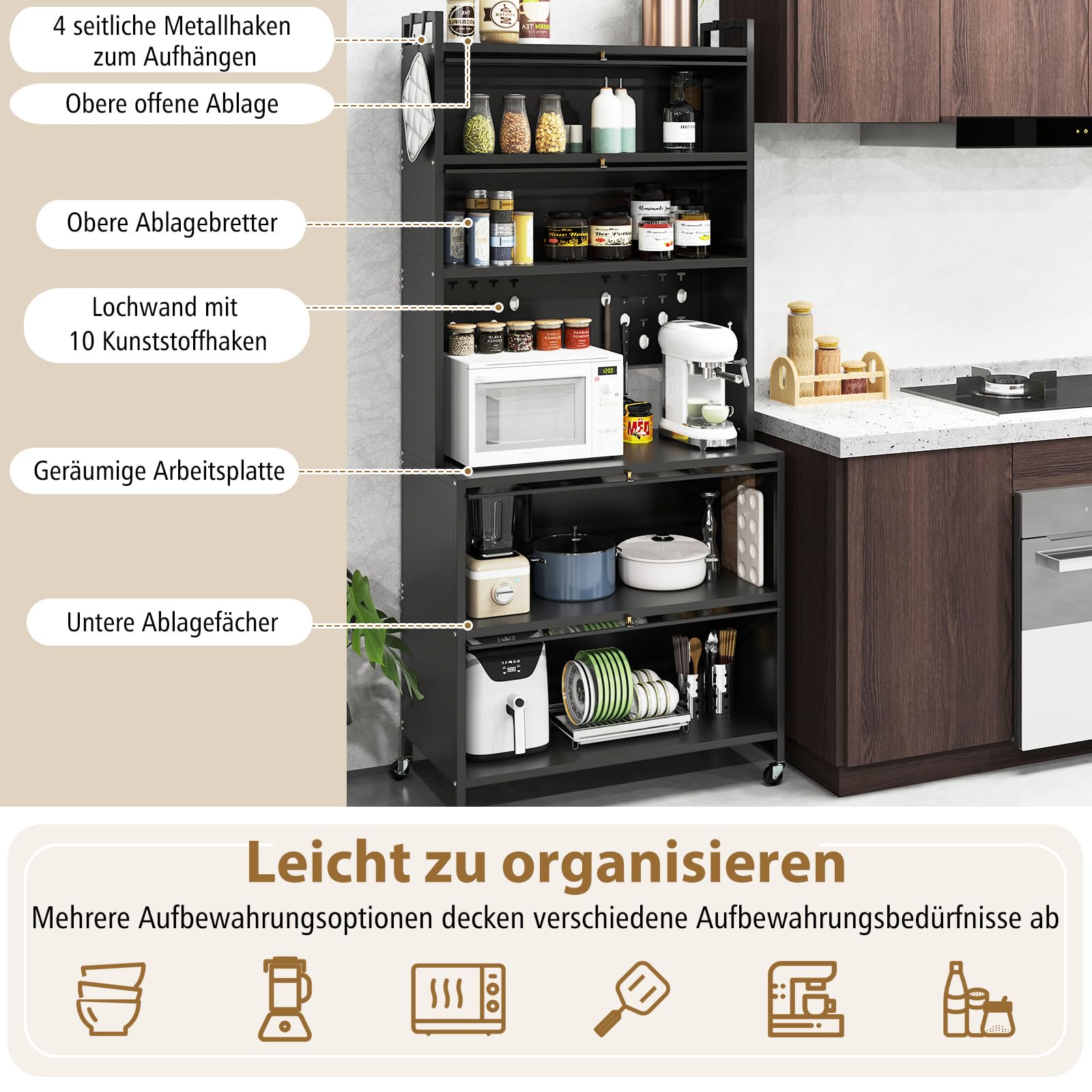 GOPLUS Küchenschrank mit 5/6 Ebenen, Buffetschrank mit Arbeitsplatte & Schränken, Vorratsschrank mit Klapptüren, Haken, Küchenbuffet mit Rollen, Mikrowellenschrank (Schwarz,80 x 40 x 178 cm)