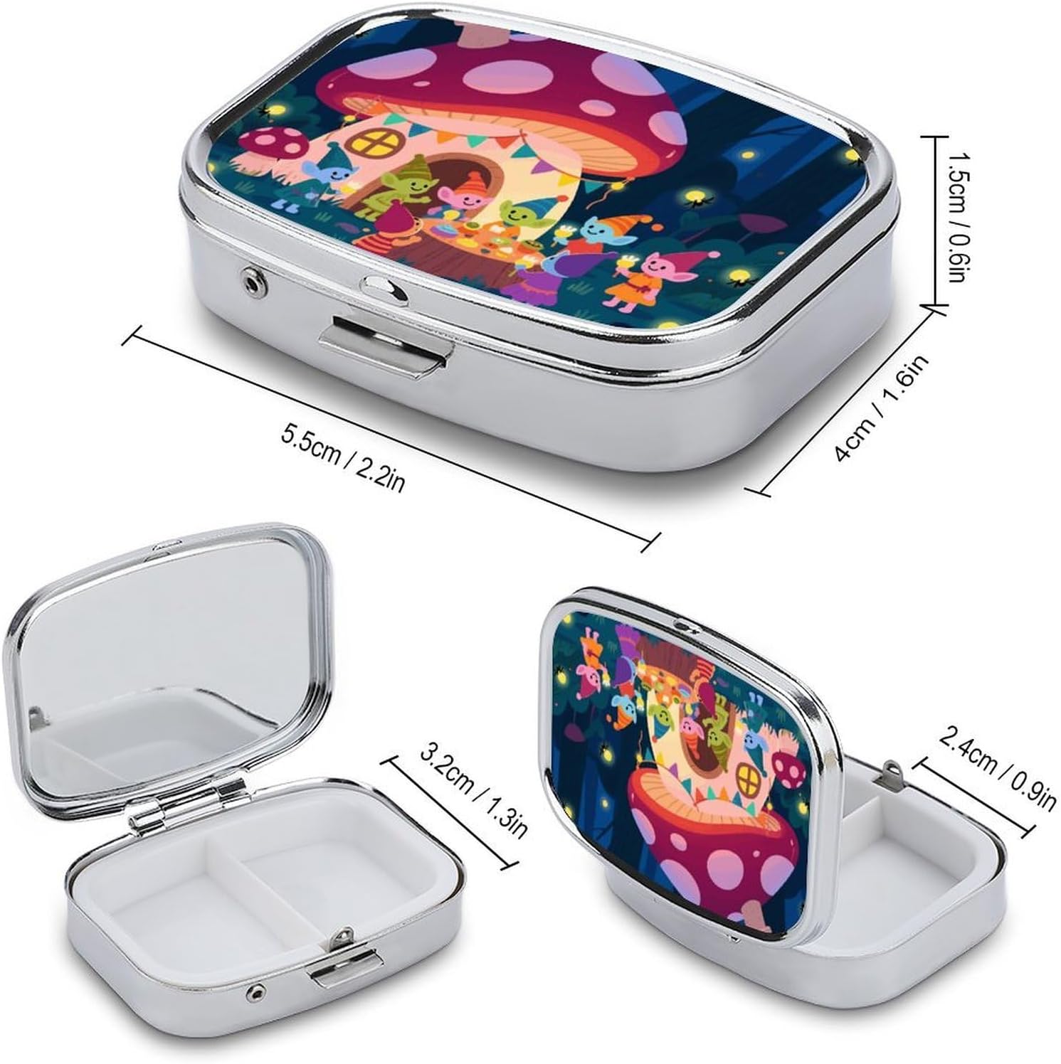 Fairy Party in Forest Metal Pill Organizer, 2 Compartment Waterproof Pill Case with Mirror for Purse Pocket Bag, Daily Medicine Vitamin Holder, Portable Travel Med Container(Square) image 2