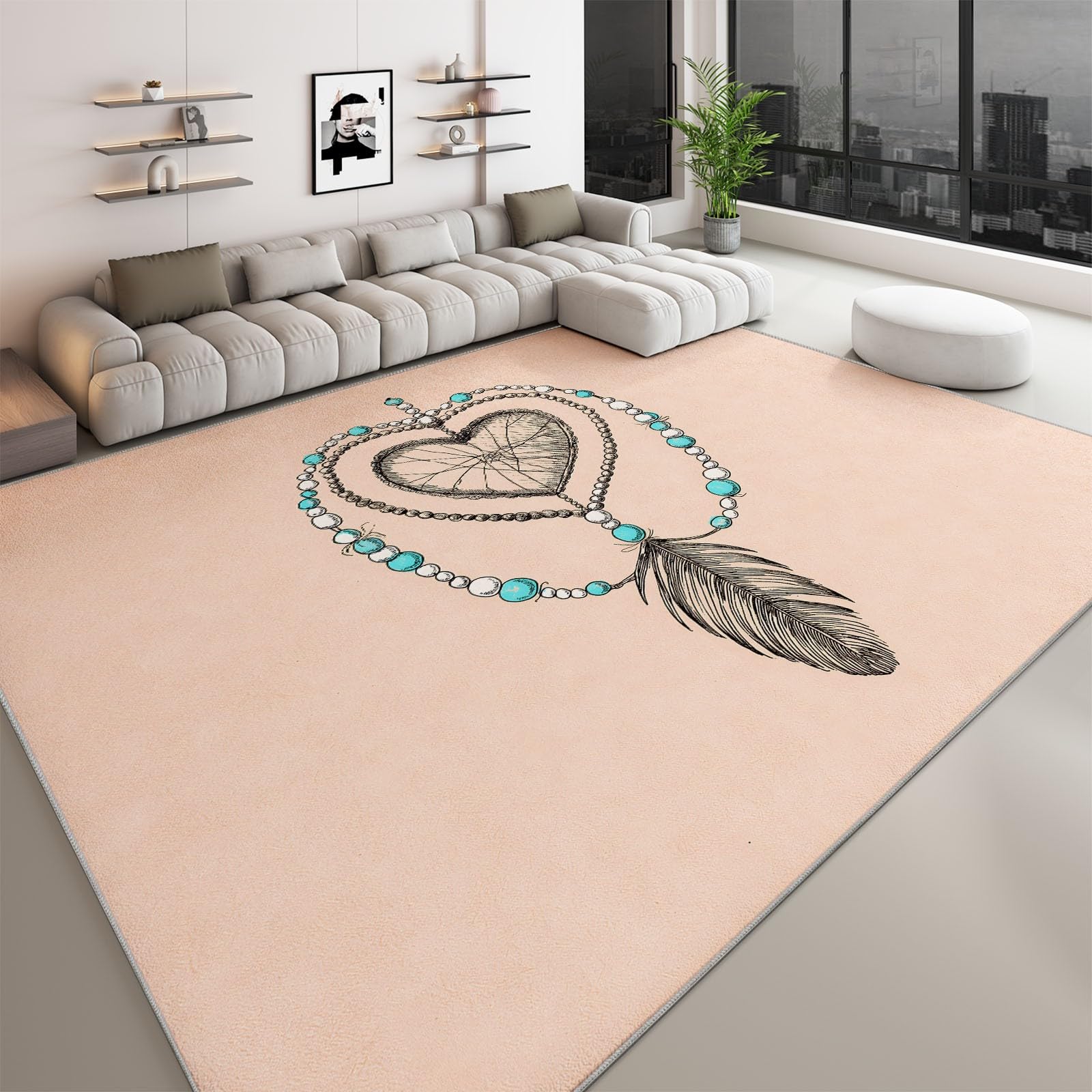 Zmywalny dywanik 100 x 160 cm, do pokoju dziecięcego, łapacz snów, serce, antypoślizgowy, do sypialni, styl boho, ultracienki, niski runo, dywan do salonu, jadalni, biura, pokoju gier