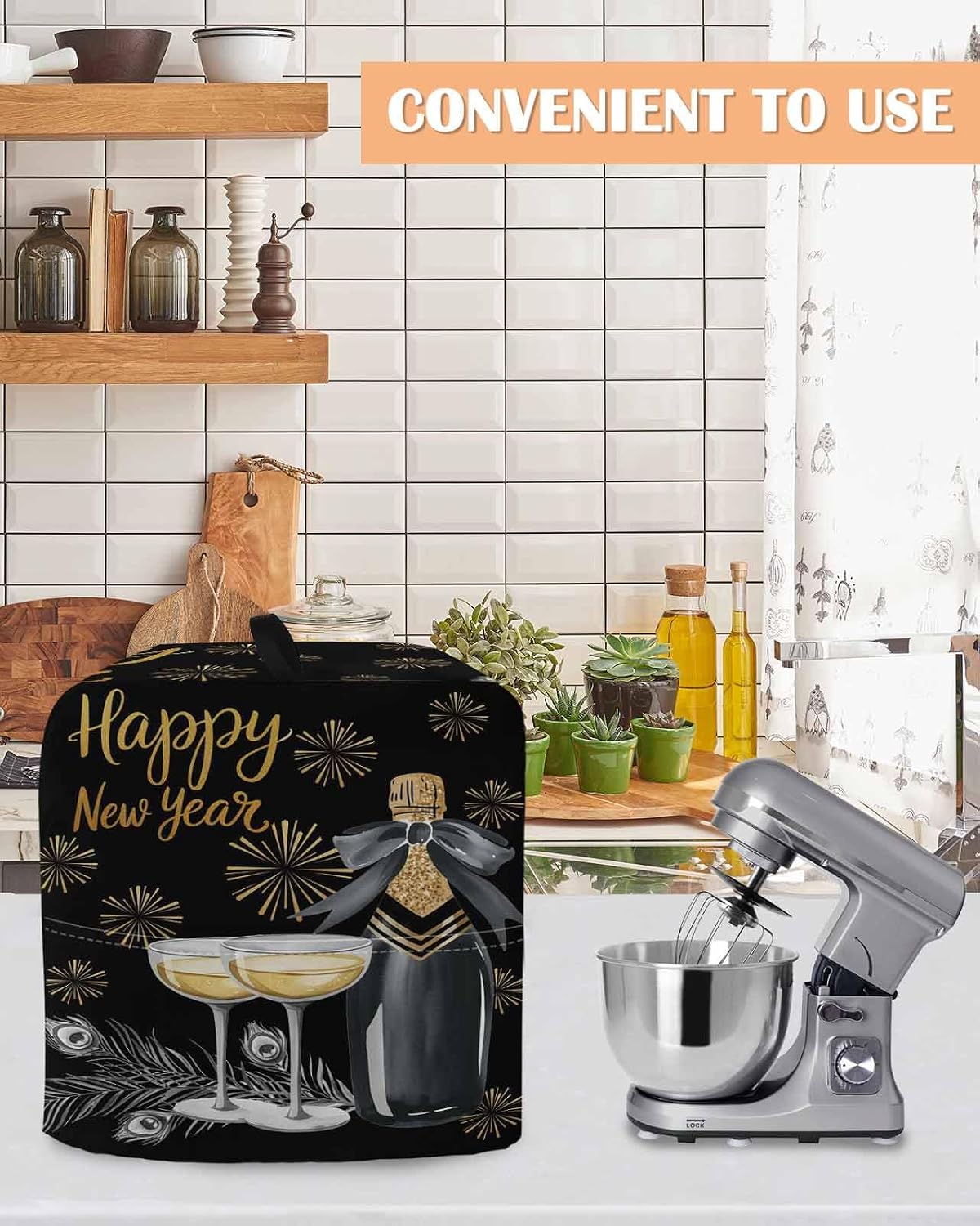 Happy New Year Stand Mixer Cover with Storage Pocket, Waterproof Kitchen Mixer Covers, Cups Modern Art Kitchen Appliance Dust Cover Compatible with 4/4.5 Quart Mixers