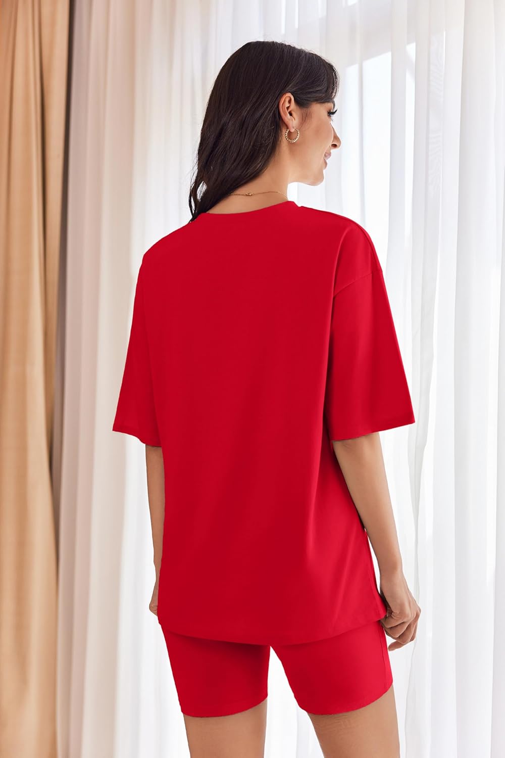 Ekouaer Women Cotton Lounge Sets Summer Outfits T-Shirt Top and Biker Short Set 2 Piece Matching Tracksuit S-XXL - Image 5