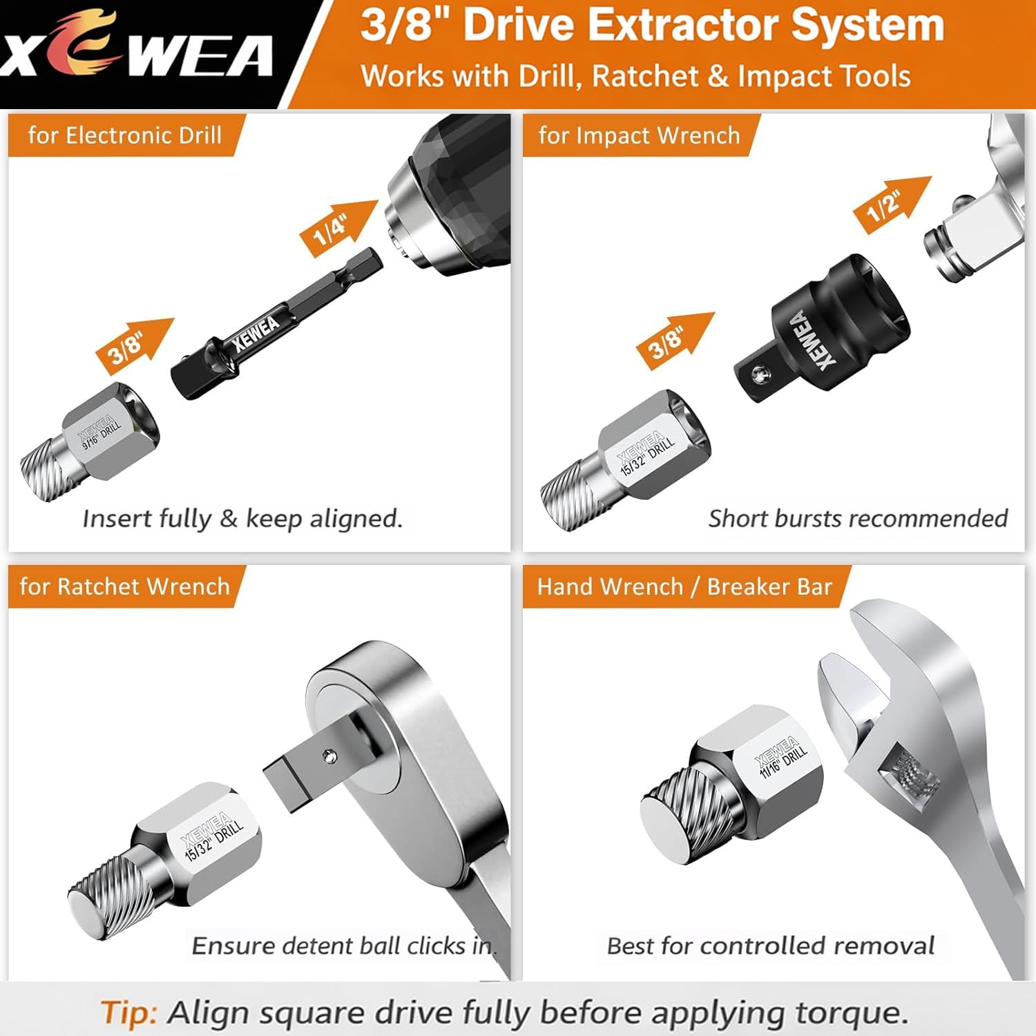 XEWEA Set di 22 estrattori per viti da 3/8", kit di rimozione dei bulloni multi-spline per bulloni rotti, dadi e viti, strumenti di estrazione CR-MO resistenti con accessori di estensione e adattatore