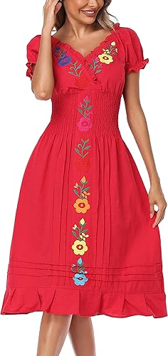 Miniatura 2 de YZXDORWJ Vestido casual bordado mexicano para mujer, cuello en V, mangas cortas