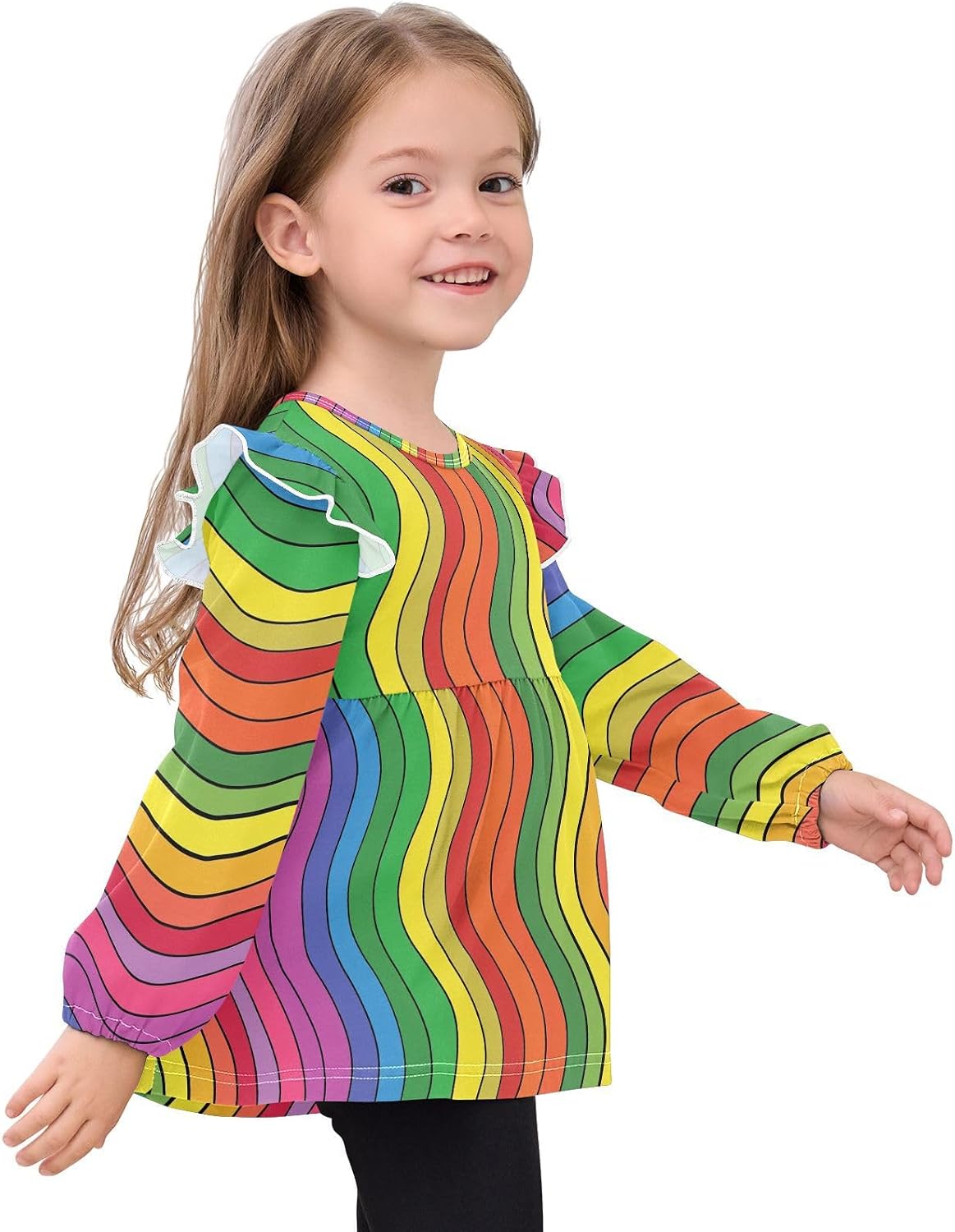 visesunny Toddler Clothes for Girls Colorful Lines Visual Illusion Long Sleeve Fall Shirts Cotton Top with Ruffle Collar
