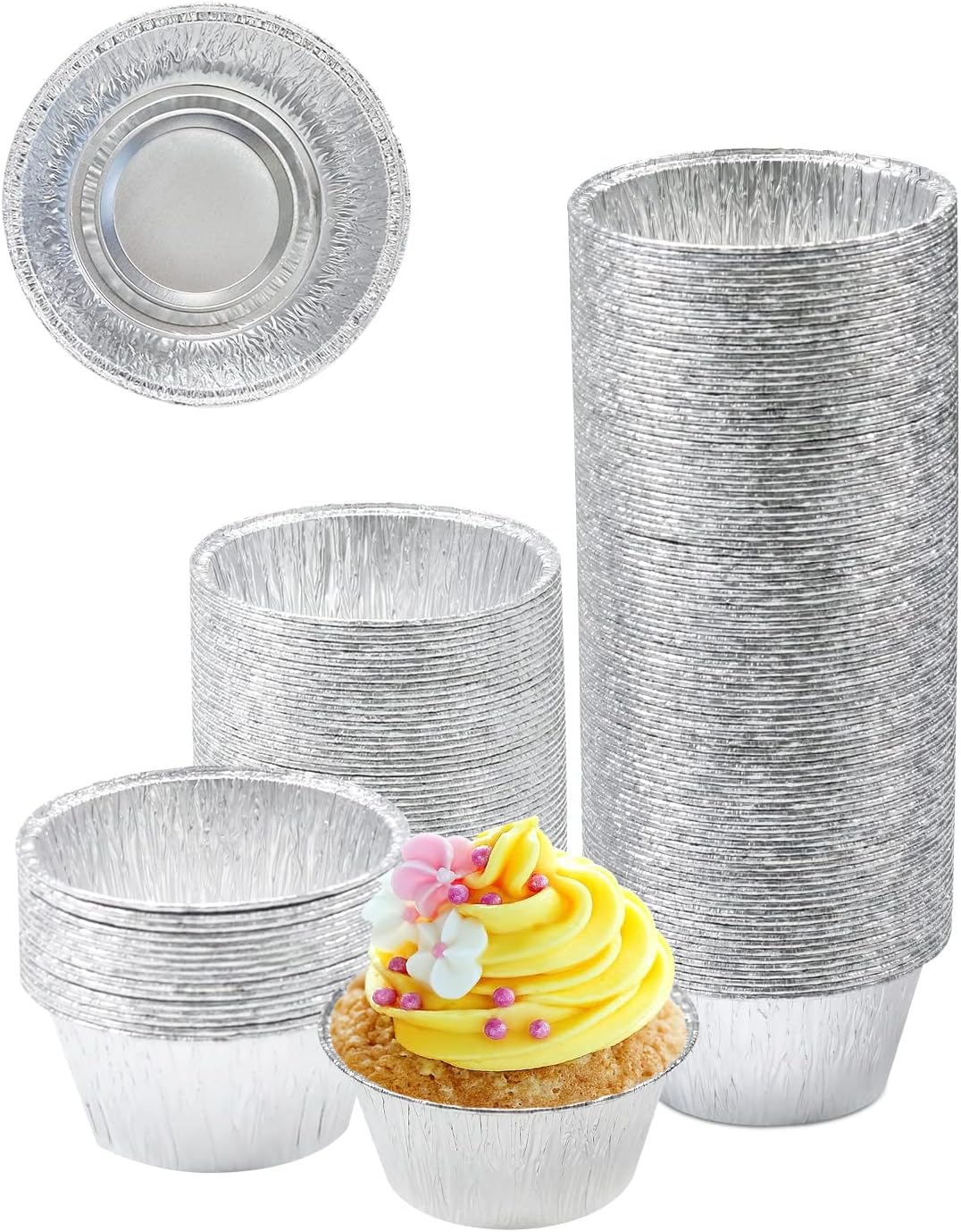 Aluminum Foil Baking Cups, Disposable Ramekin 4 Oz Silver Foil Cupcake liners, 150 Pcs Aluminum Baking Cups Egg Tart Liners for Baking, Cupcake, Pudding, Muffin, Creme Brulee 4OZ 150