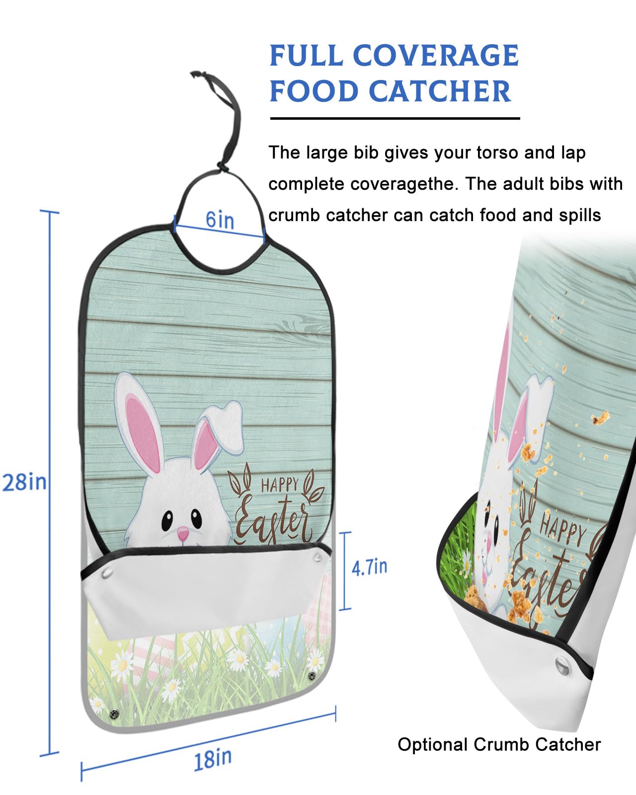 Kewadony Adult Bibs for Elderly Women - Spring Easter Bunny Waterproof Dining Clothing Protectors with Crumb Catcher for Eating/Feeding, Watercolor Daisy and Eggs on Grass Teal Wood Terry Cloth Bib
