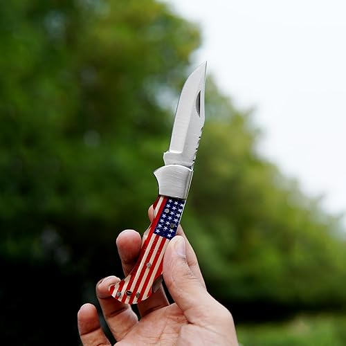 Miniatura 6 de KIMPE Cuchillo de bolsillo plegable de acero inoxidable hecho a mano con funda de cuero y mango acrílico antideslizante para caza de supervivencia