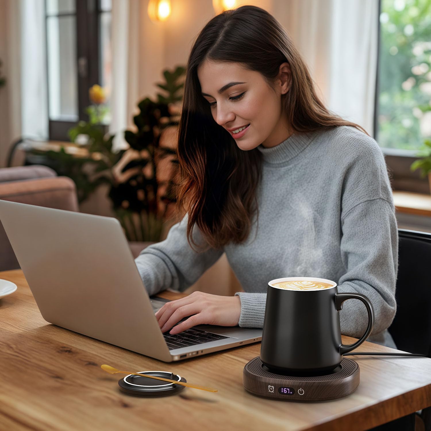 Juego de calentador de tazas de café y tazas para escritorio, calentador eléctrico inteligente de apagado automático para oficina y hogar, 4 ajustes de temperatura, taza de calefacción de café