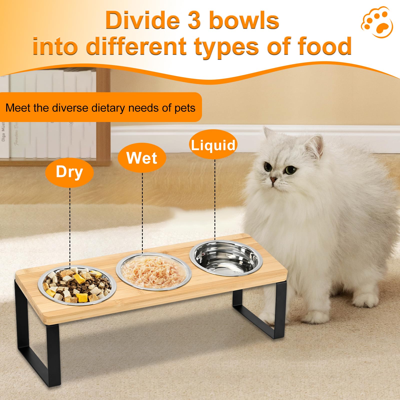 Lot de 3 gamelles surélevées en acier inoxydable avec support, inclinées à 15° – Station d'alimentation surélevée pour chats et petits chiens, anti-vomissements, base en bambou, facile à nettoyer