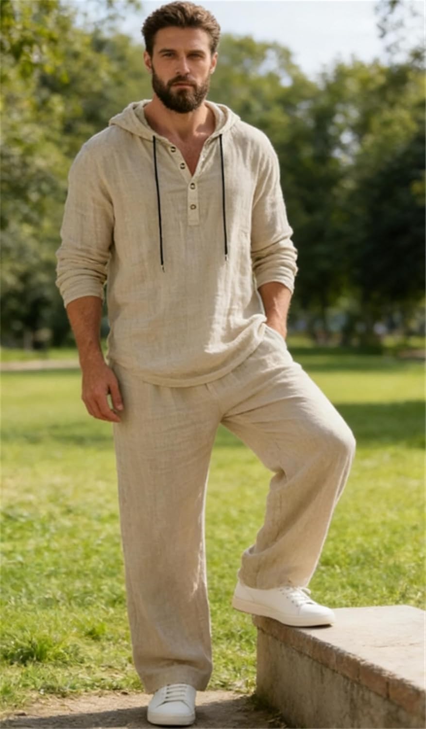 Men's Hooded Casual Loose Top & Pants 2-Piece Set Hooded Casual Linen Drawstring Suit Outfit For Men Beach Shirts