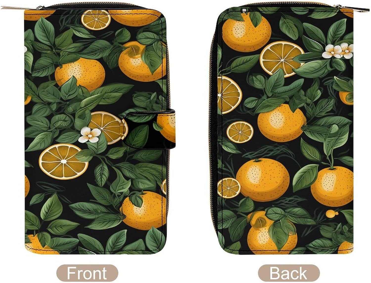 Oranges And Leaves on Black Background Travel Wallet for Men & Women RFID Blocking Card Organizer Credit Card Holder Large Capacity