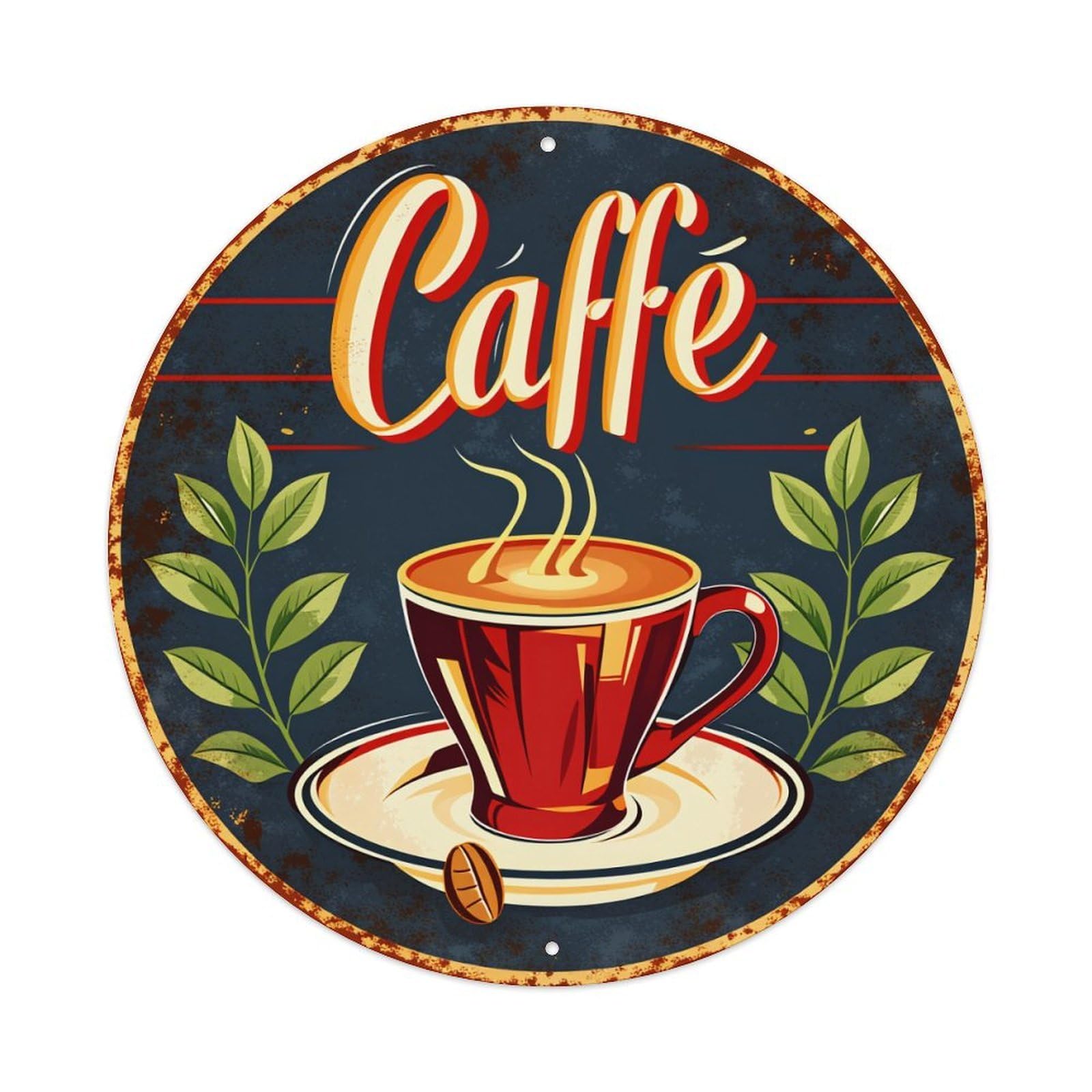 Caffe Cup Steam Leaves Coffee Bean Pattern Round Vintage Tin Sign,Retro Wall Art,Metal Poster for Home, Bar, Garage, Cafe, Rustic Indoor & Outdoor Decor, 8x8 Inches