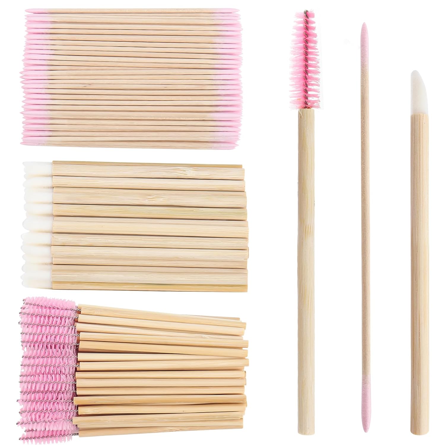 300 PCS/Sets Eyelash Extension Supplies 200pcs Disposable Pointed Micro Applicator 50pcs Eyebrow Spoolie Brush 50pcs Lip Wand Mascara Wand Makeup Tools (Bamboo kits)