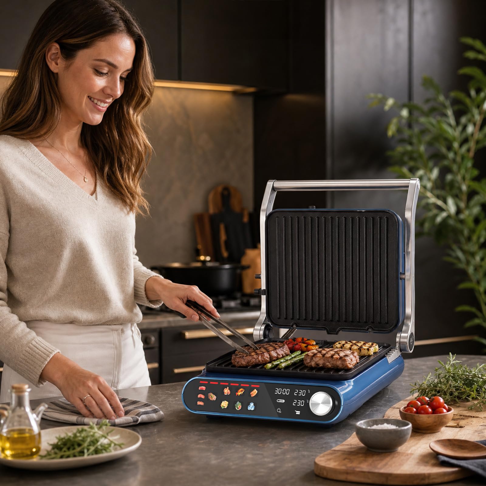 Taylor Swoden XXL Kontaktgrill 3-in-1 mit Intelligenter Dickenerkennung & Separater Temperaturregelung, 9 Programme, Abnehmbare Grillplatten Spülmaschinenfest, 180° Tischgrill für 6-8 Personen