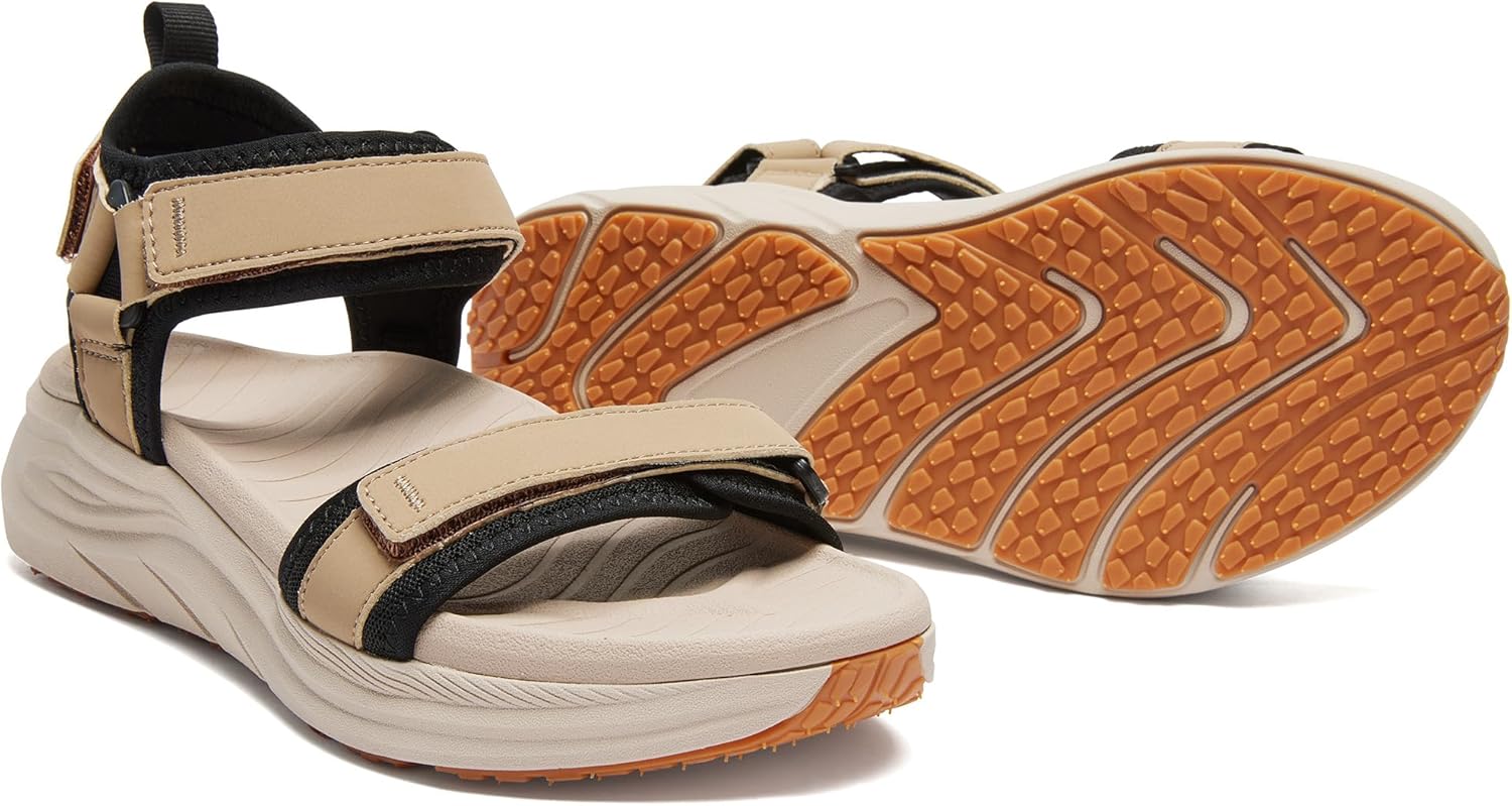 BEMIRO Womens Orthopedic Walking Sandals Comfortable Arch Support Plantar Fasciitis Relief Chunky Cushion Summer Outdoor Hiking Sport Recovery Shoes with Leather Adjustable Strap, Size 5.5-12