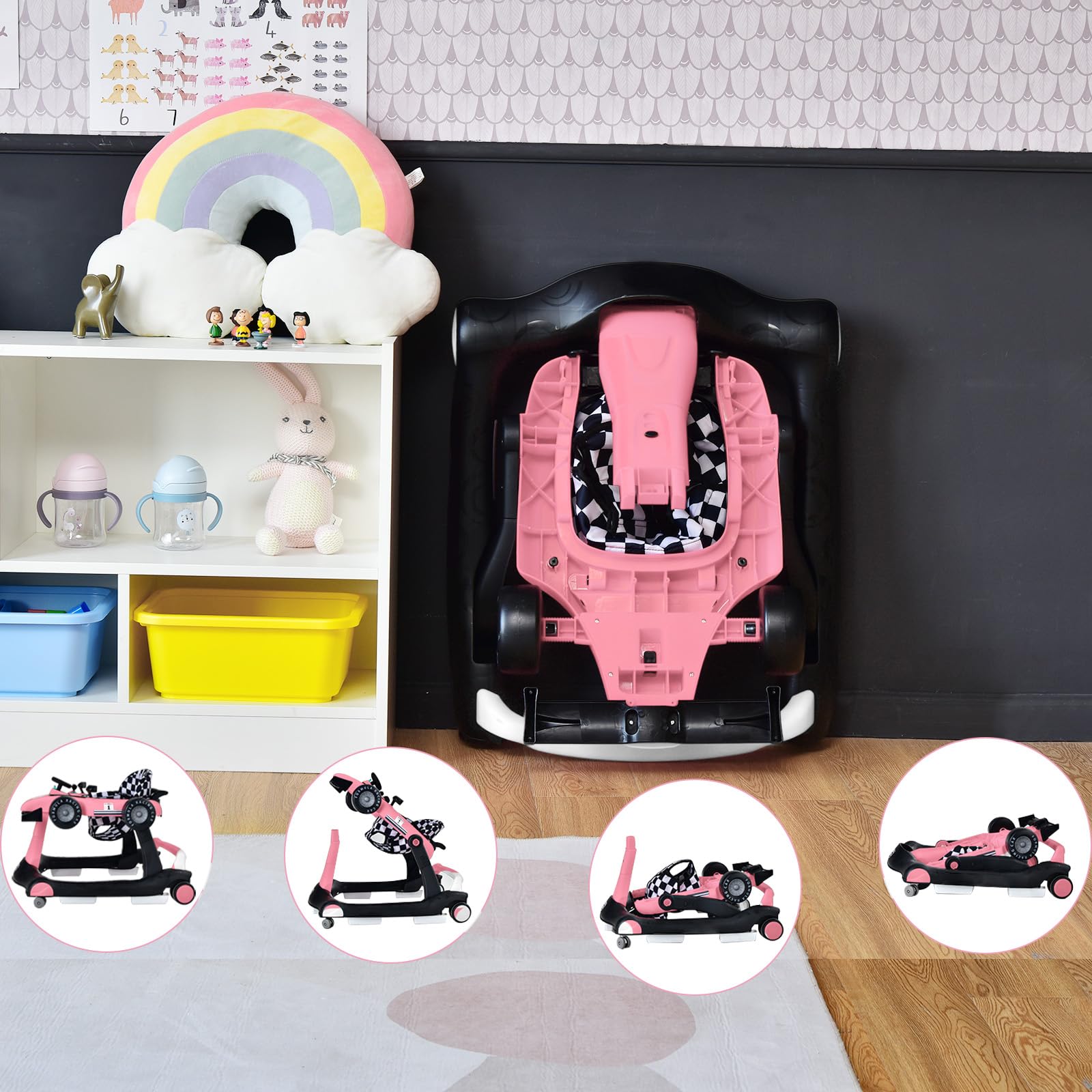 LIFEZEAL Girello Neonato 6-18 Mesi, 4 in 1, Girello per Bambini 6-18 Mesi, Baby Walker Pieghevole, con Altezza e Velocità di Ruote Regolabili, Primi Passi, con Luce e Musica, Portata 15 kg, Rosa