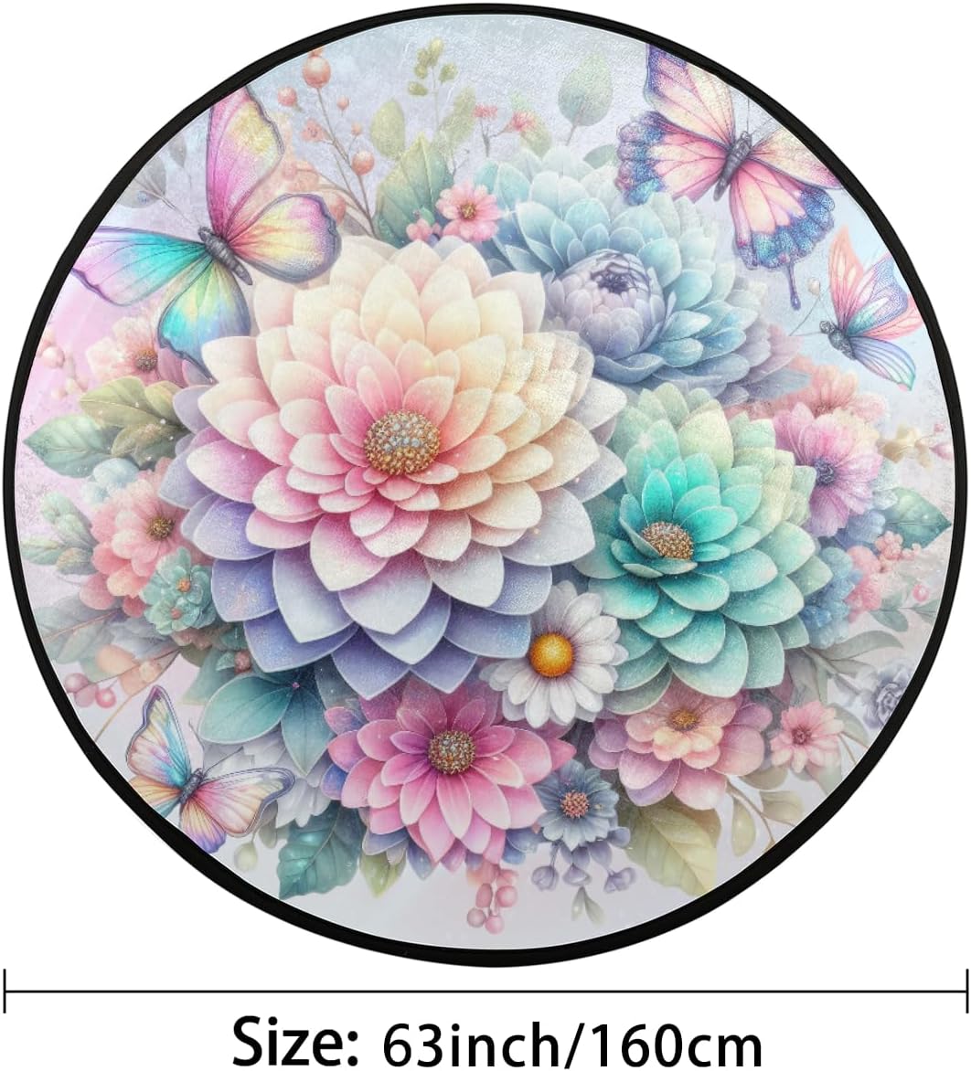 Round Rug 5ft Rainbow Flower Indoor Circle Area Circle Rugs Washable Non-Slip Bedside Indoor Doormat for Living Room Bedroom Playroom Nursery Room Decor Carpet Mat Splat Mat for High Chair