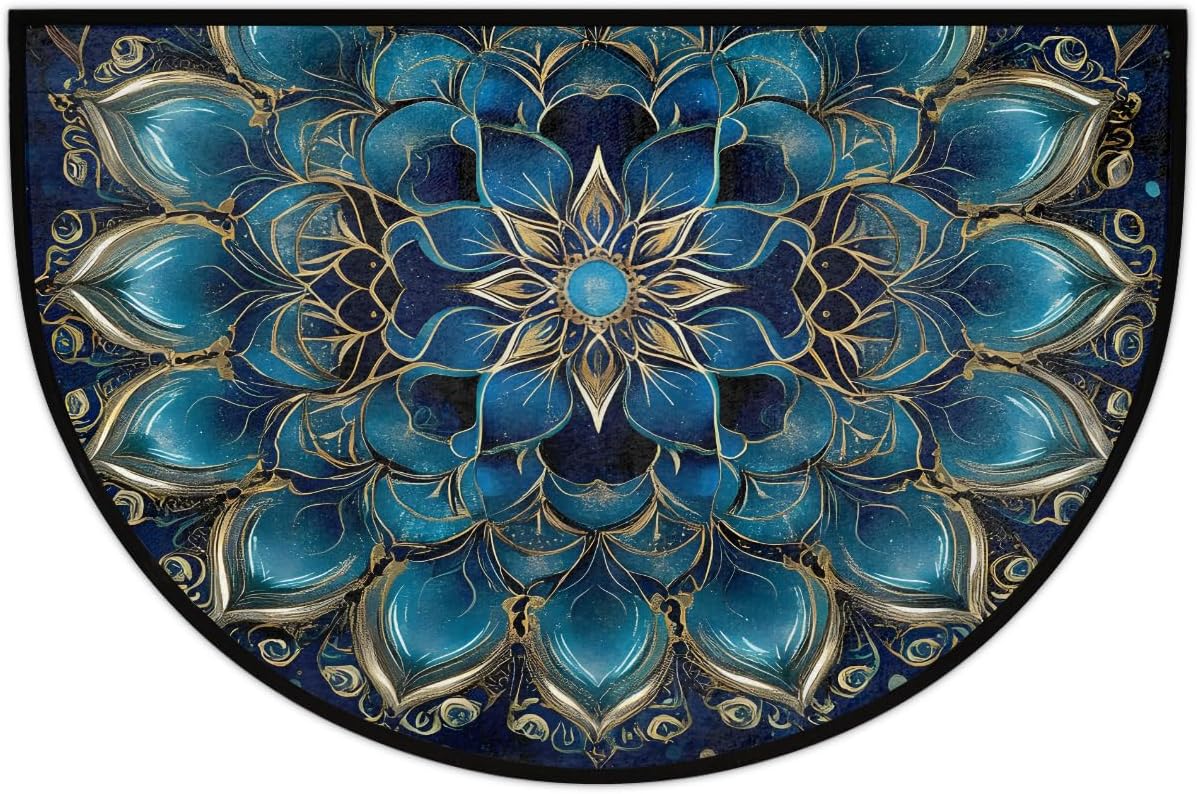 Half Round Door Mat Flower Mandala Ethnic Style Non Slip Washable Semi Circle Area Rug Absorbent Soft Half Moon Rug Floor Mat for Indoor Outdoor Kitchen Bathroom Patio Front Door Mat Decor