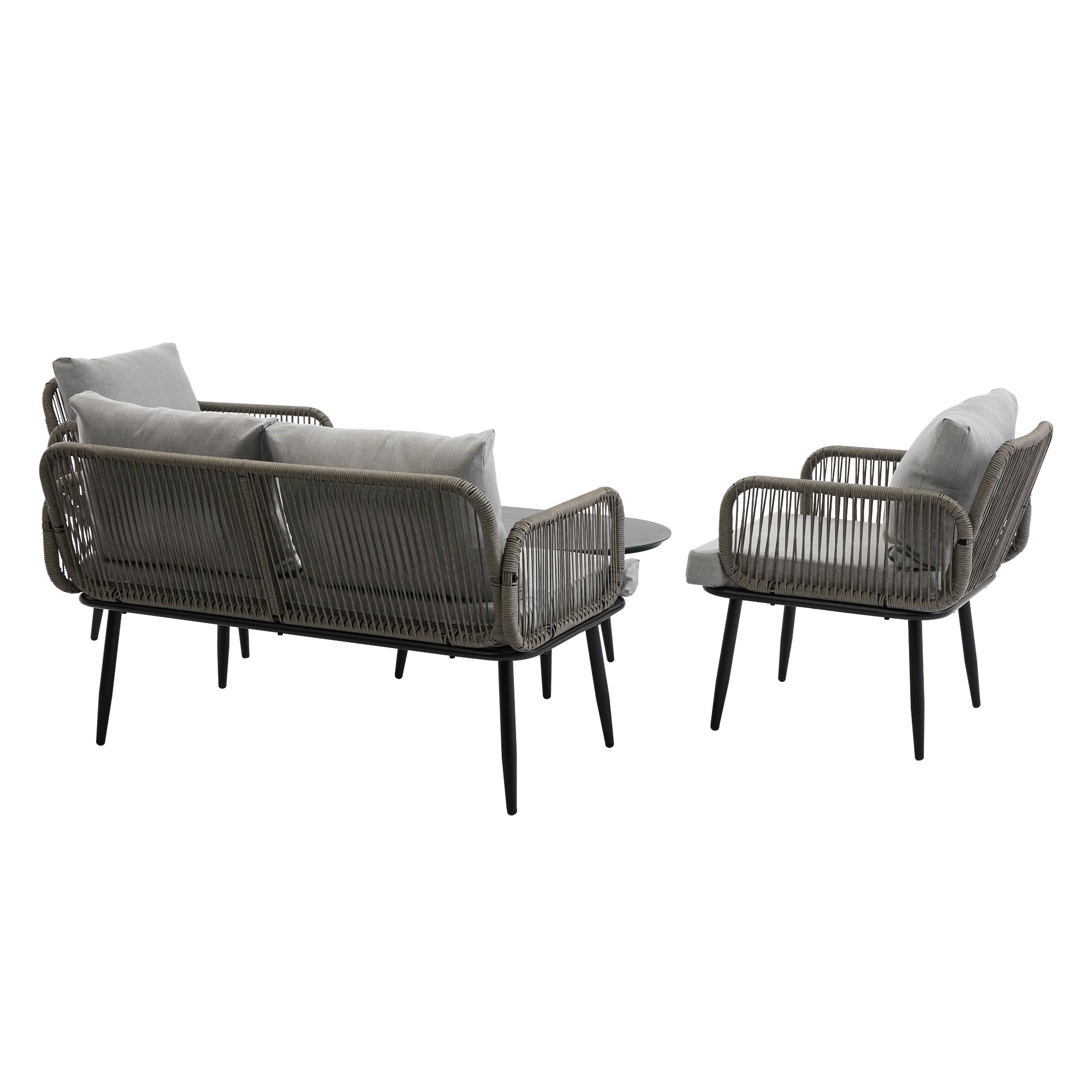Set di sedie da giardino, con comodo cuscino, divano a 2 posti, 2 poltrone e tavolino da caffè, in acciaio zincato, corda intrecciata a mano, piano in vetro in stile venatura del legno, grigio