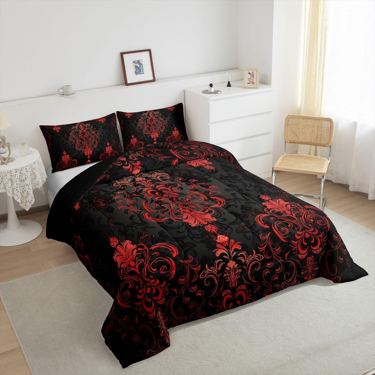 Kids Damask Floral Bedding Set Twin Size Ombre Red Black Duvet Quilt for Boys Girls Bedroom Decor Vintage Jacquard Comforter Set Breathable Soft Microfiber Women Men Exotic Floral With 1 Pillow Case