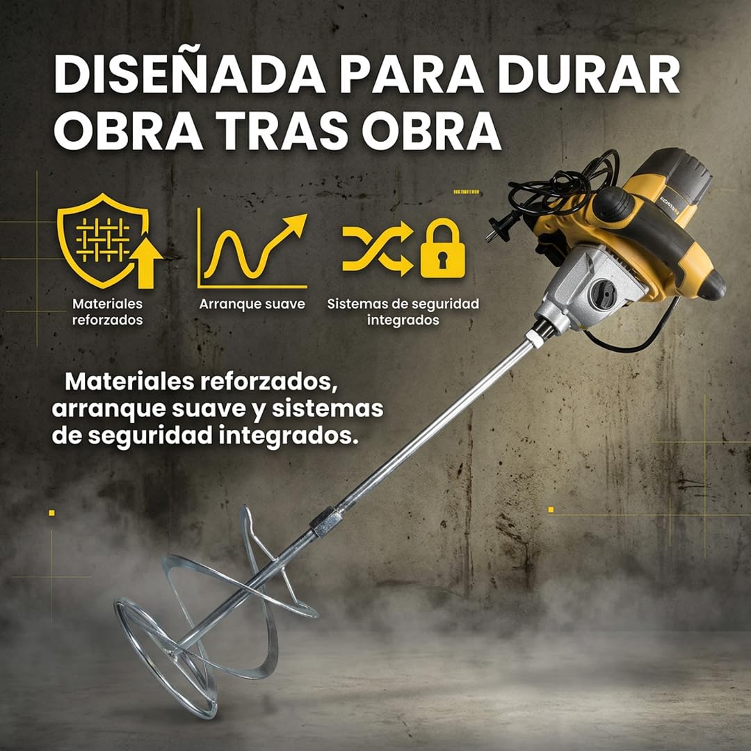 Kompak Mezcladora Eléctrica 1600W Profesional para Mortero y Cemento - Mezcladora de Obra Potente con Velocidad Variable Uso Intensivo - Batidora de Materiales Robusta y Ergonómica