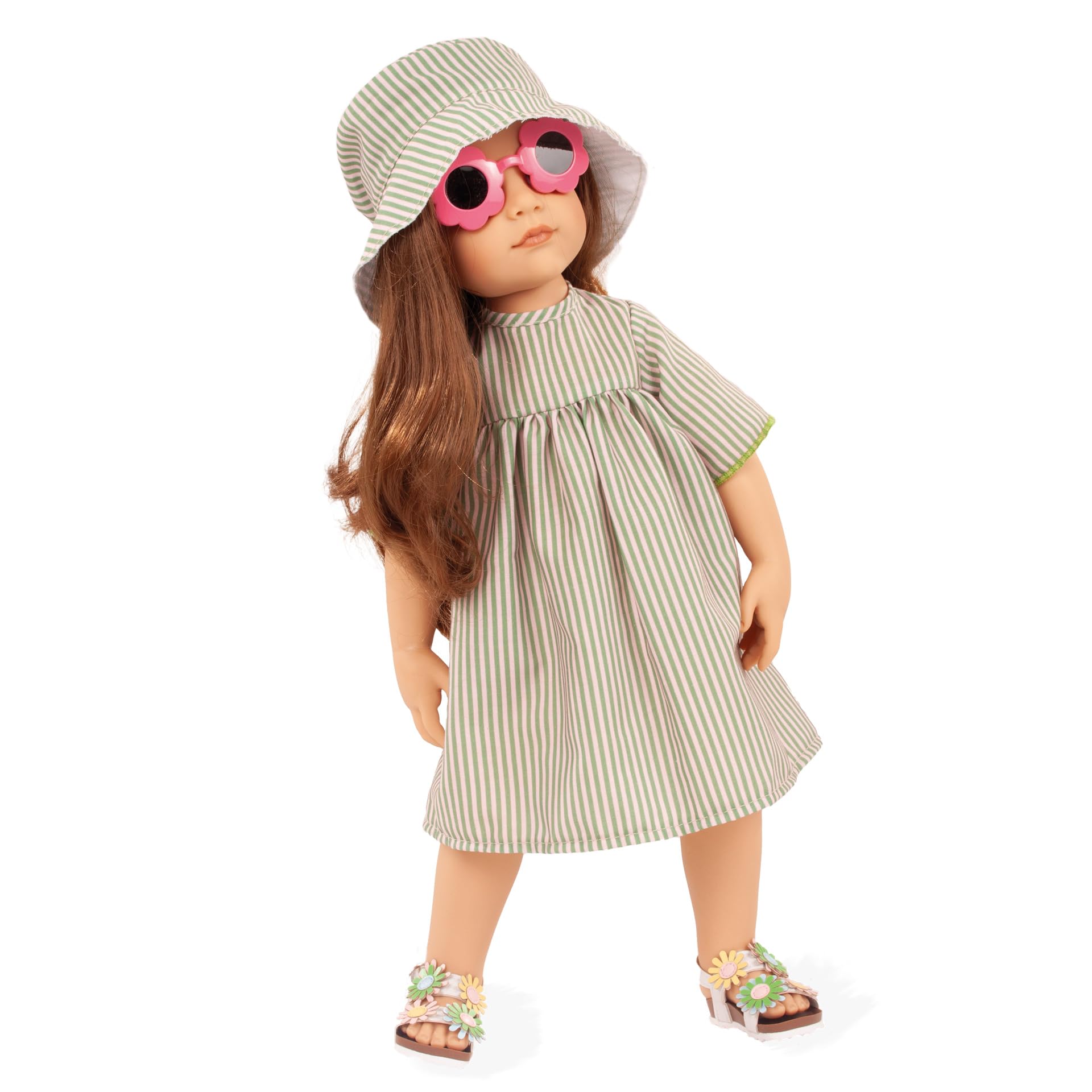 Götz 2559013 Hannah Summertime Puppe 50 cm Stehpuppe 7-TLG | für Kinder ab 3 Jahren, lange braune Haare, braune Augen, Sommeroutfit, Hut, Sonnenbrille, frisierbar, Vinylhartkörper