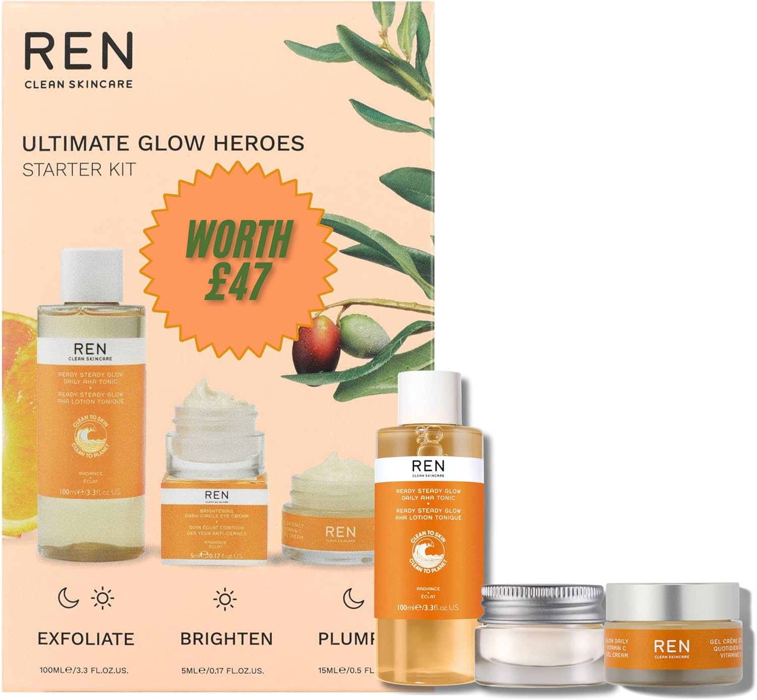 REN Radiance Ultimate Glow Heroes Starter Kit, Ready Steady Glow Daily AHA Tonic 100ml, Dark Circle Eye Cream 5ml, Glow Daily Vitamin C Gel Cream 15ml, Gift Set