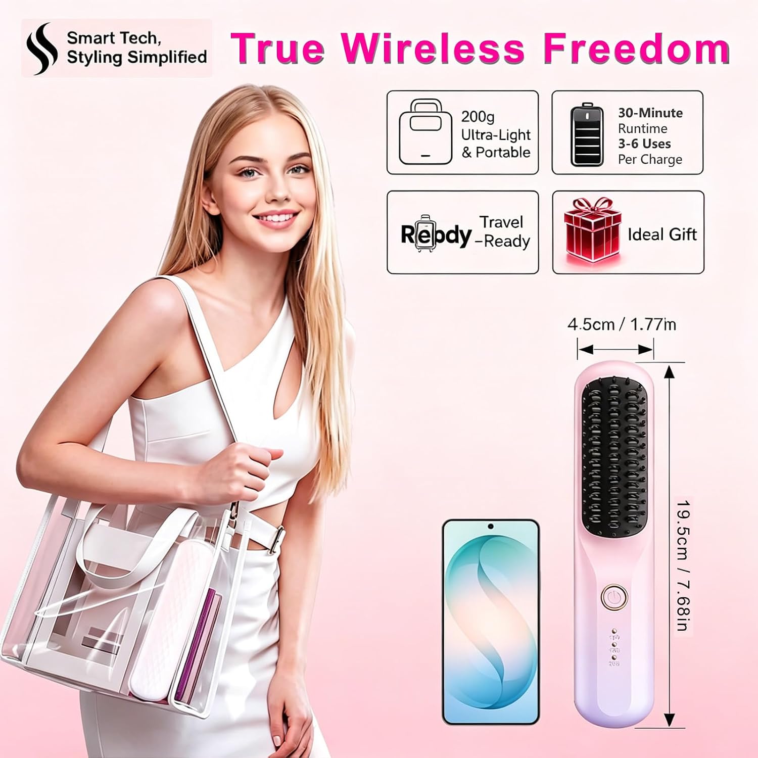 Cordless Hair Straightener Brush Portable Ionic Frizz-Free Straightening Brush Rechargeable Hair Iron Type-C Fast Charging, Portable Travel Styling Tool for Women(Ombre Color)