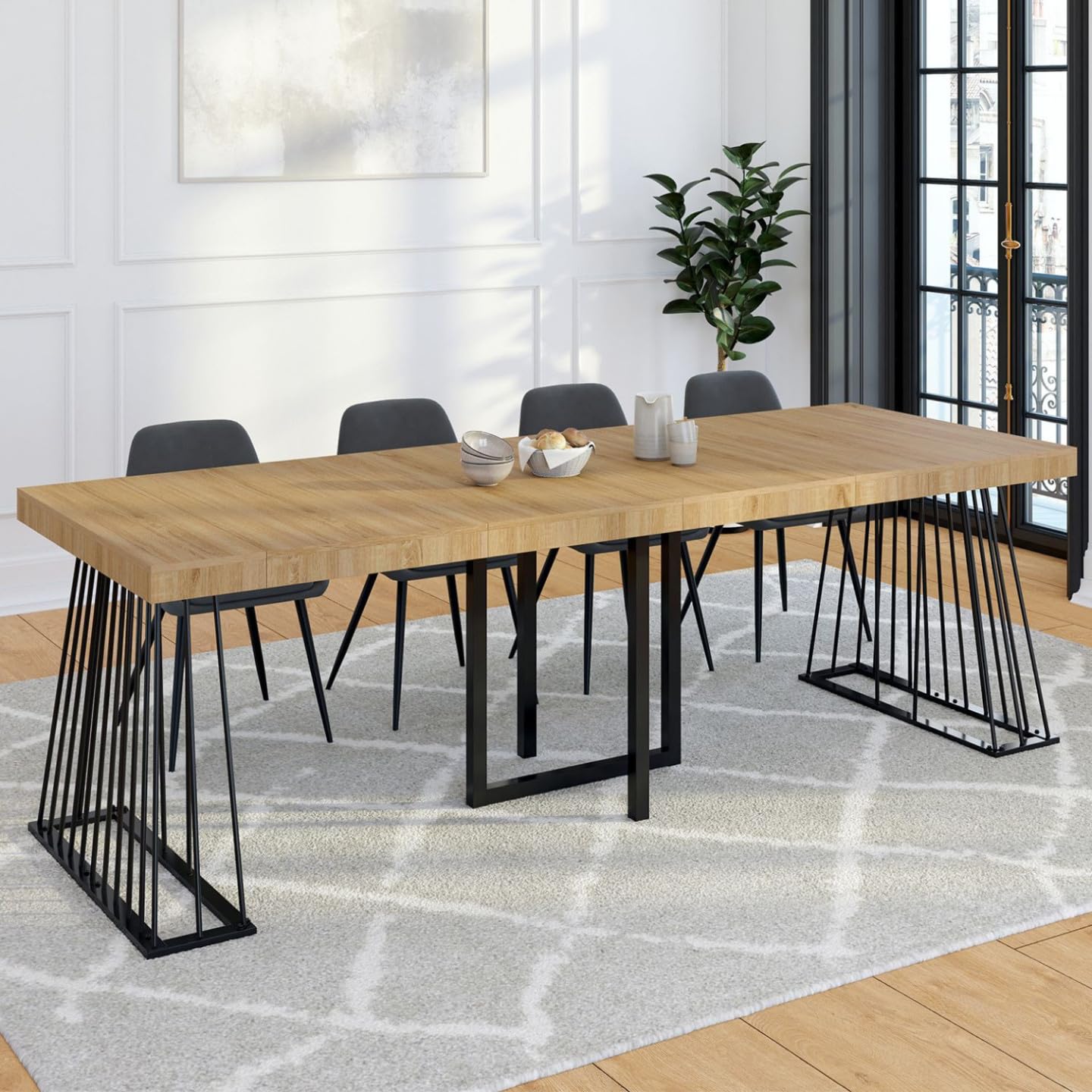 IDMarket - Consolle allungabile YUNA, 10 posti, 235 cm, con piano in legno e gamba in filo metallico nero