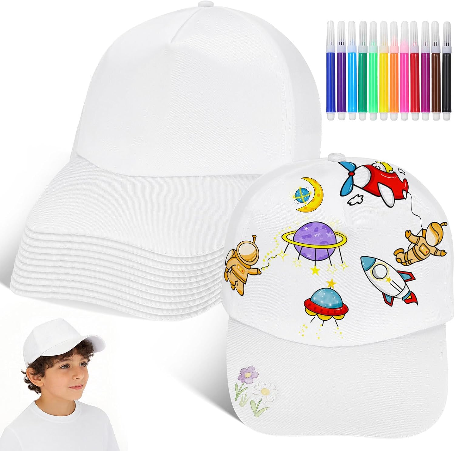 NUOBESTY 12pcs Plain Baseball Caps DIY White Hats for Kids with 12 Markers