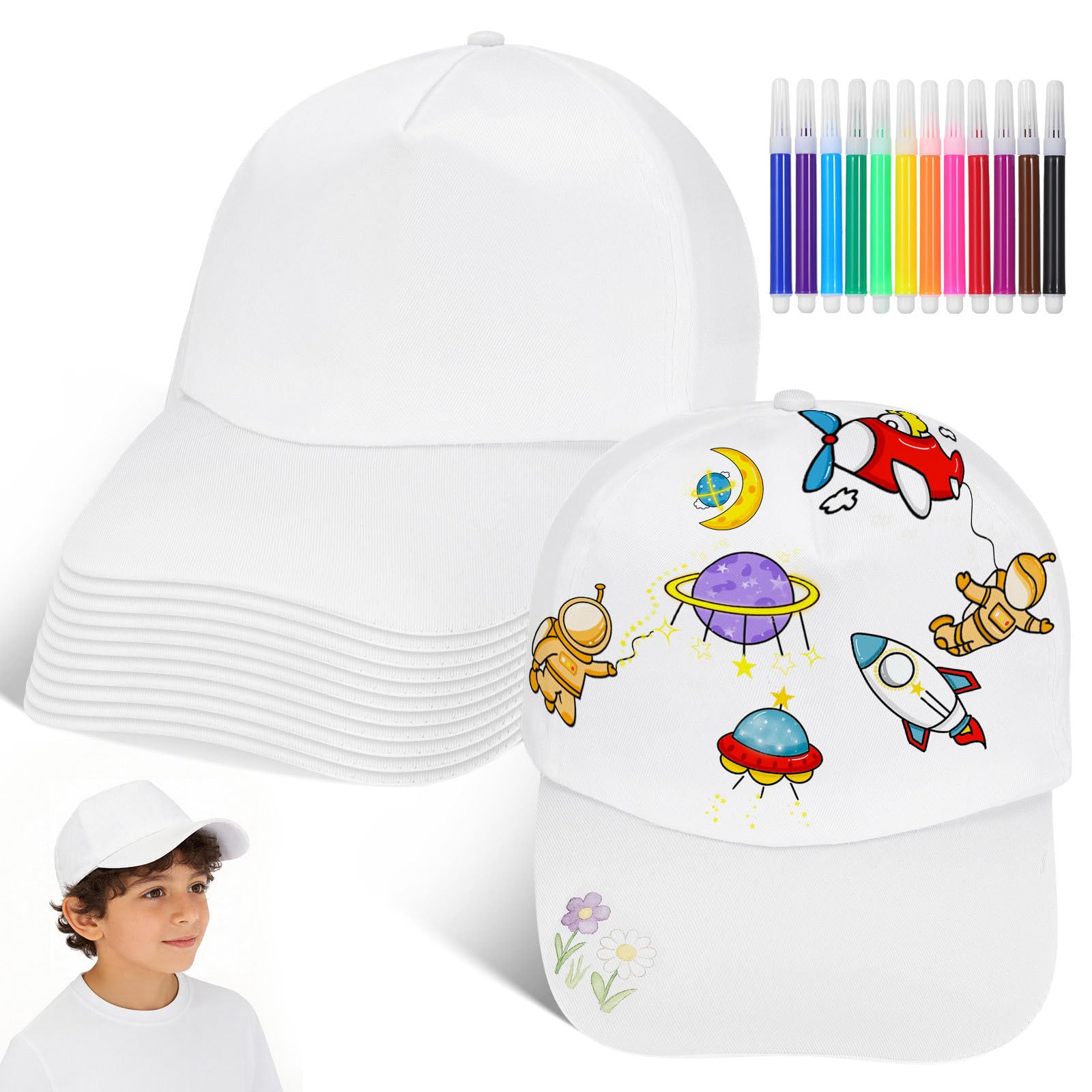 Housoutil 24 Gorras de Béisbol White con Marcadores de Pintura, Gorras de Béisbol en Blanco para Manualidades, White para Fiestas de Cumpleaños, Manualidades Y Actividades Al Aire Libre.
