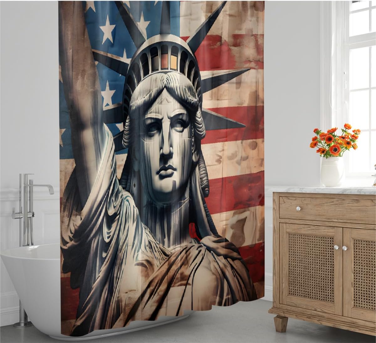 Shower Curtain with Hooks, Statue of Liberty American Flag Patriotism Waterproof Polyester Fabric Shower Curtains 72" x 72" Machine Washable for Bathroom Bathtubs Decor Home