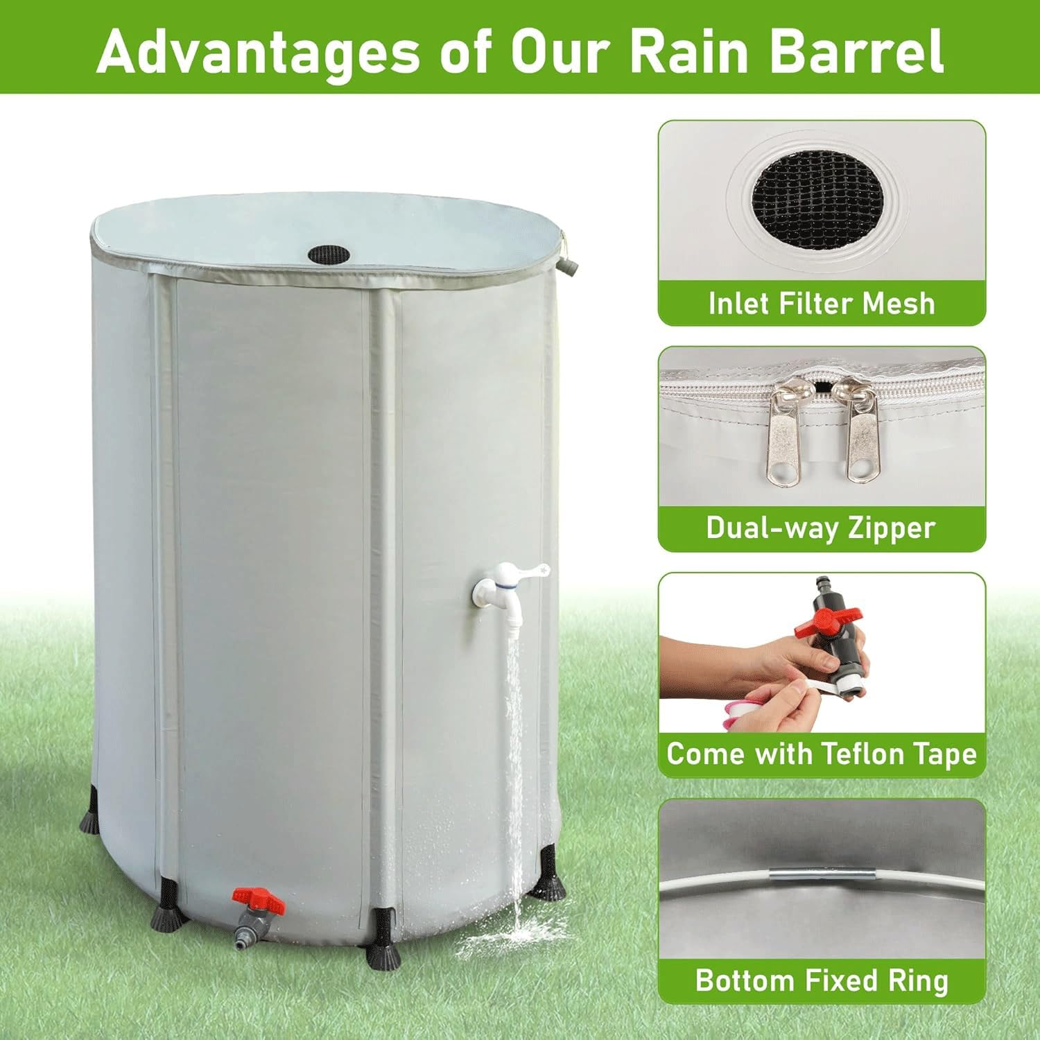 Sistema De Recolección De Agua De Lluvia - Cubo Plegable con Soporte, Grifo, Tapa con Cremallera Y Válvula De Drenaje | Ideal para Riego De Jardines Y Lavado De Coches(50L)