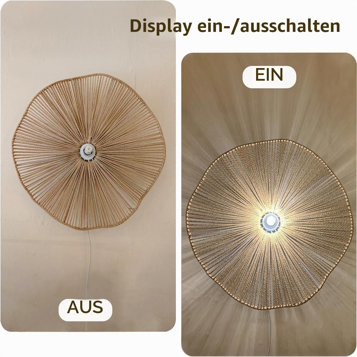 KZT 40CM Vintage Wandlampe mit Dimmbar Schalter und Stecker Boho Rattan Wandleuchte Innen E27 Nachttischlampe Rustikal mit 180cm Kabel für Schlafzimmer Wohnzimmer Flur Cafe