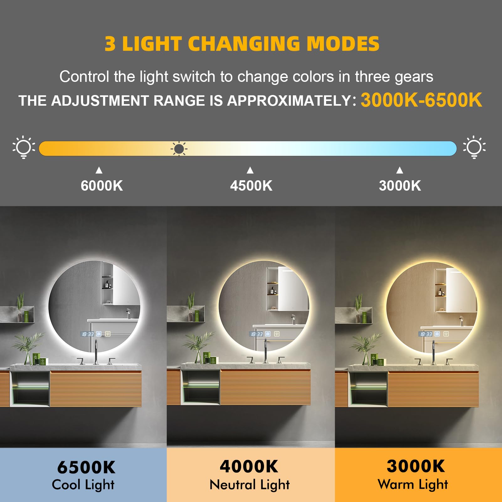 Sararoom Miroir de Salle de Bain Circulaire 60 X 60 cm avec Lampe LED et Interrupteur à Double Touche, Trois Températures de Couleur, Intensité Variable, Anti-Buée, Modèle Mural