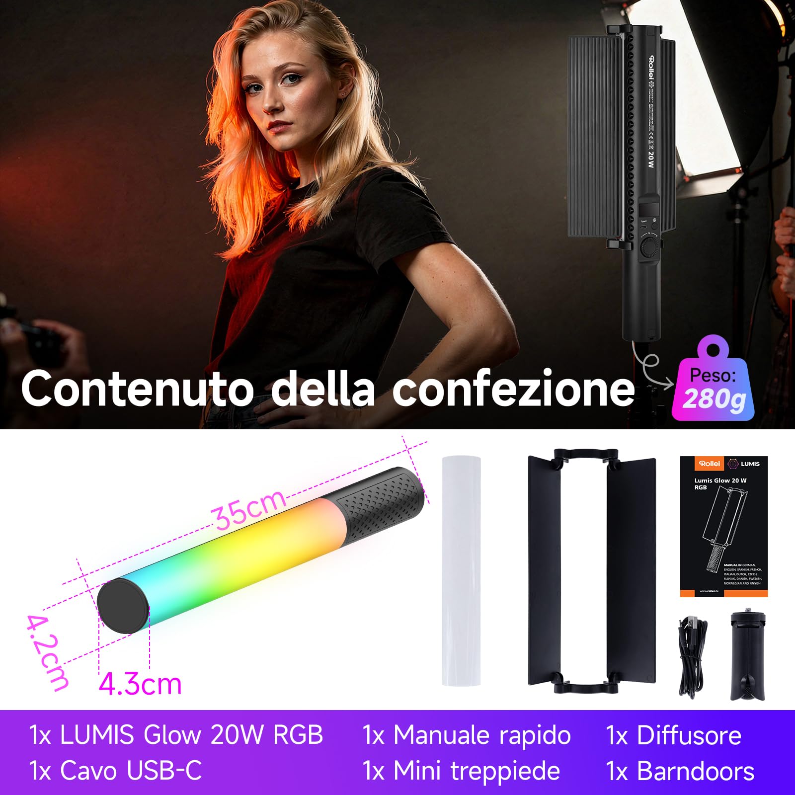Spada Led Fotografia, Rollei Lumis Glow 20 W RGB Tubo Fotografico per Video 360° 1800~9000K e 20 Effetti, Lampada Foto per Lightpainting Portatile, Spada-Led-Fotografia-Tubo-Video