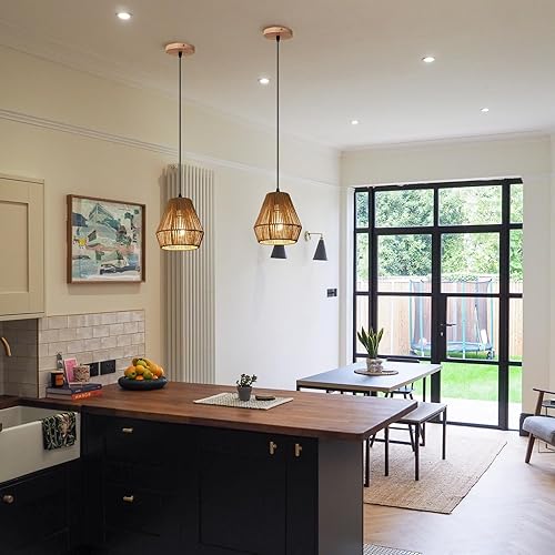 Miniatura 8 de Paquete de 2 luces colgantes de ratán tejido, 7 pulgadas, lámparas colgantes bohemias con pantalla de jaula tejida a mano, iluminación colgante