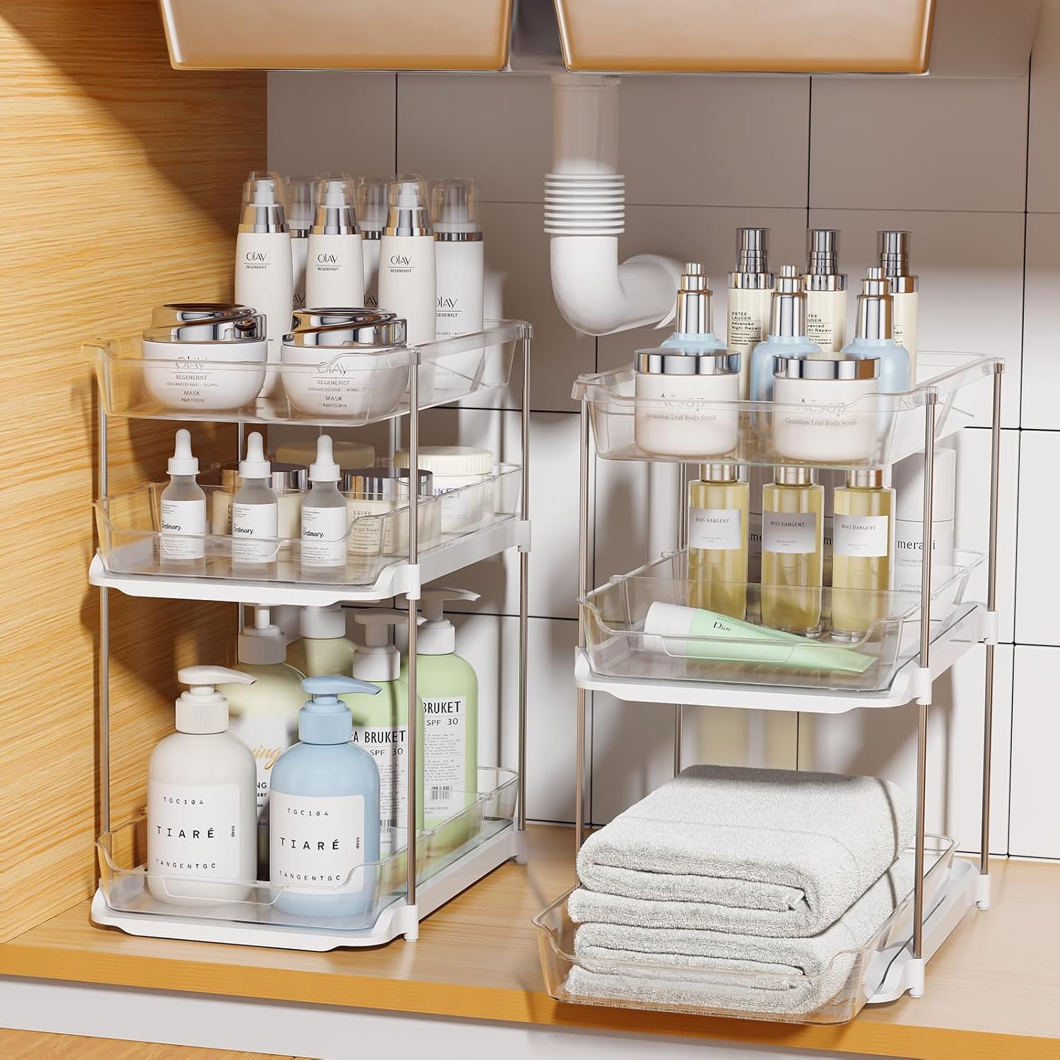UCRAVO 3-Tier Clear Under Sink Organizers and Storage, Multi-Purpose Stackable Bathroom Cabinet Organizers, Pull Out Kitchen Pantry Organization and Storage with Dividers, Medicine Cabinet-image-46
