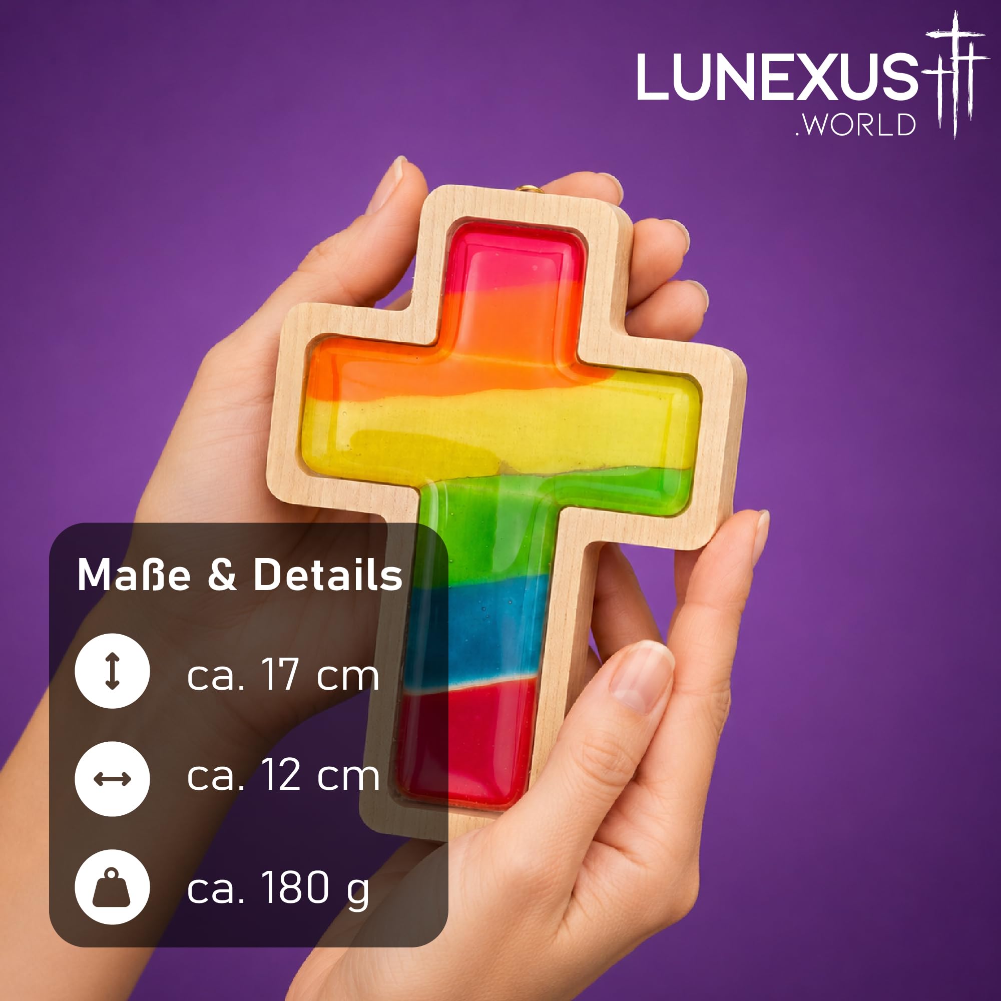 Lunexus Krzyż ścienny drewno szkło tęcza 17 x 12 cm