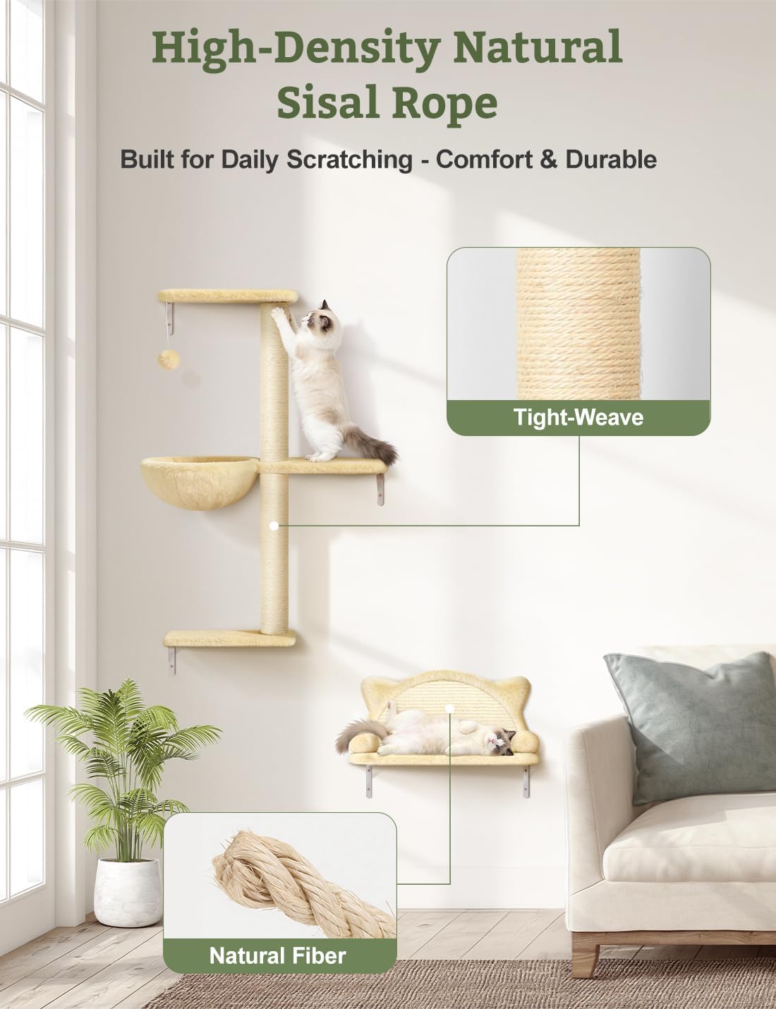 5-in-1 Cat Wall Shelves, Solid Wood & Velvet & Sisal Scratcher, 44lbs Max Load, Wall Mounted Cat Furniture for Climbers, Cat Climbing Wall System, Fits Drywall & Solid Walls - Beige