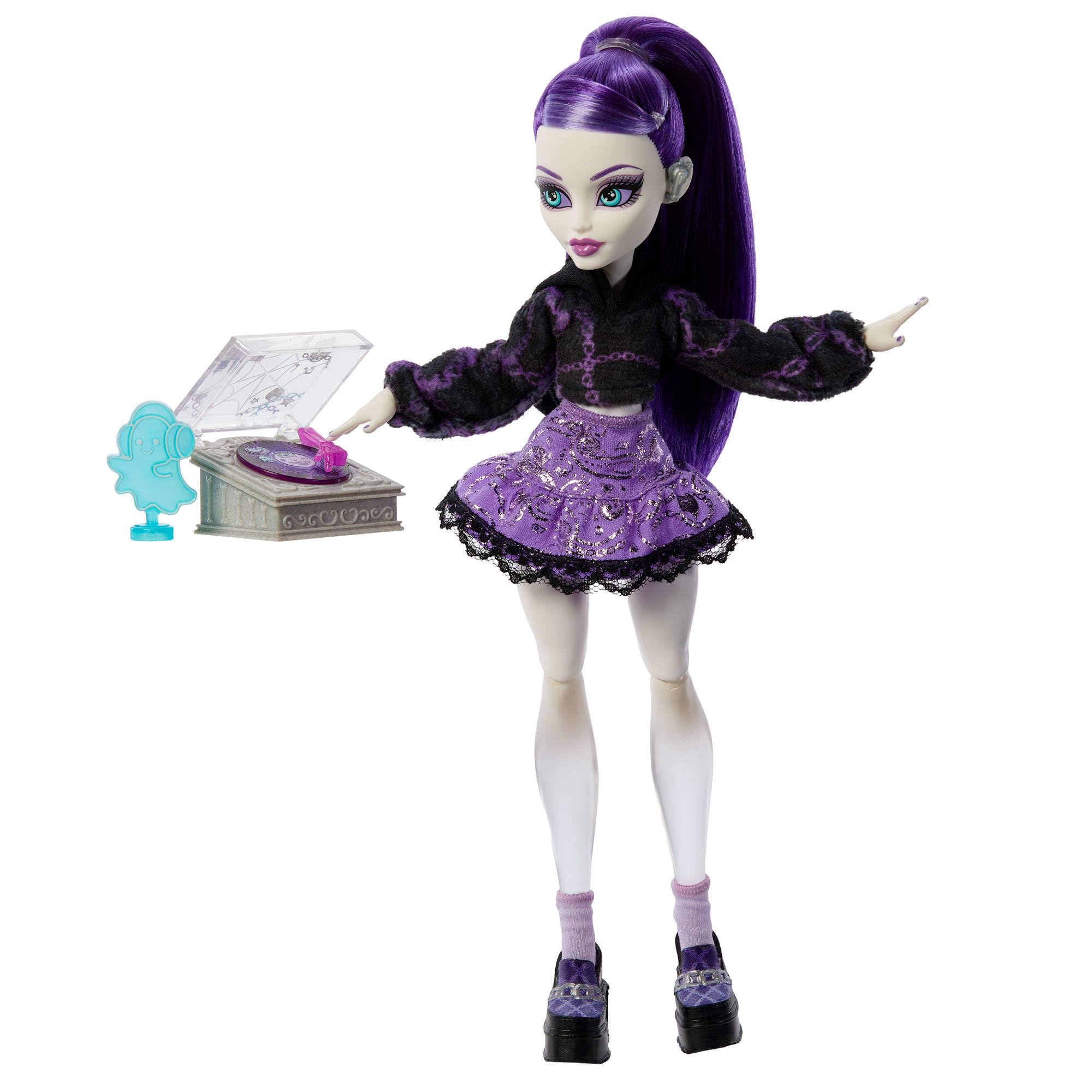 Monster High Self-Scare Secrets - Spectra Vondergeist, set con bambola e accessori tra cui 13 sorprese a tema come set per manicure e giradischi inclusi, 4+ anni, JHK46