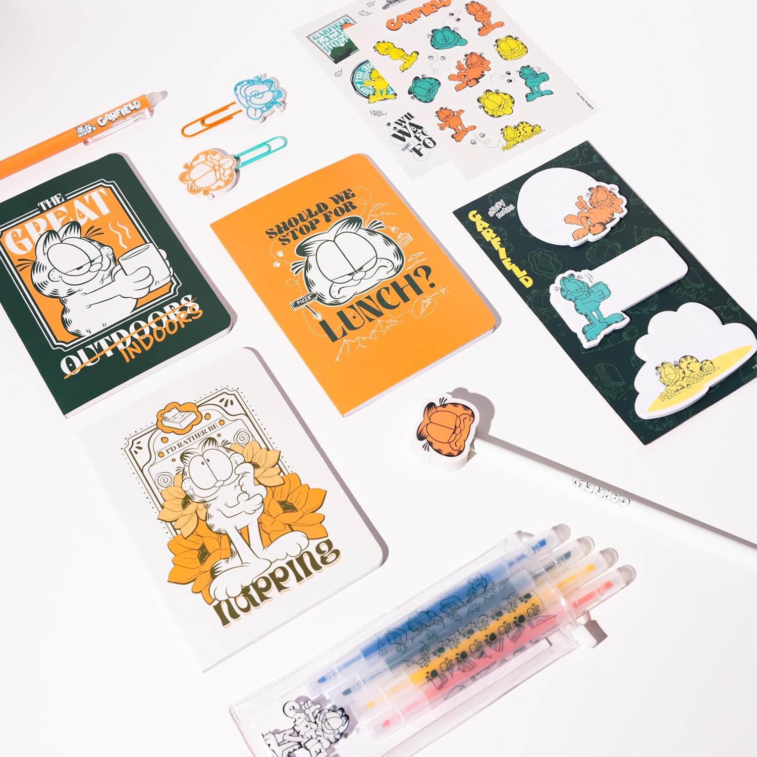 Grupo Erik Stationery Set - Garfield | Pencil Case With A6 Notebooks, Highlighters, Sticky Notes, Paper Clips, Stickers, Pen, Pencil | Garfield Gifts For Cat Lovers