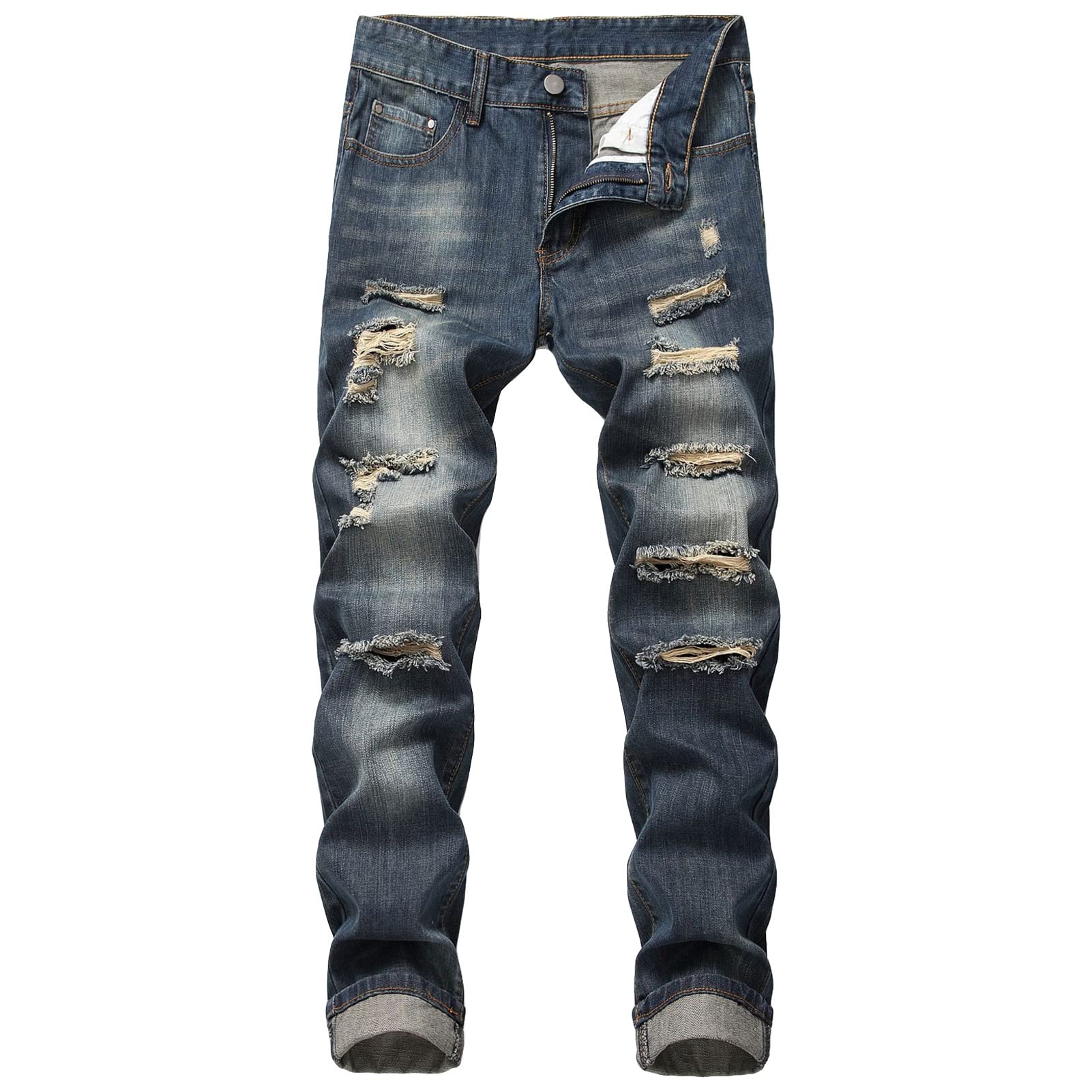 Maiyifu-GJ Ripped Jeans for Men Distressed Destroyed Regular Fit Denim Pants Straight Leg Washed Hip Hop Jean with Hole (Dark Blue 1,40)