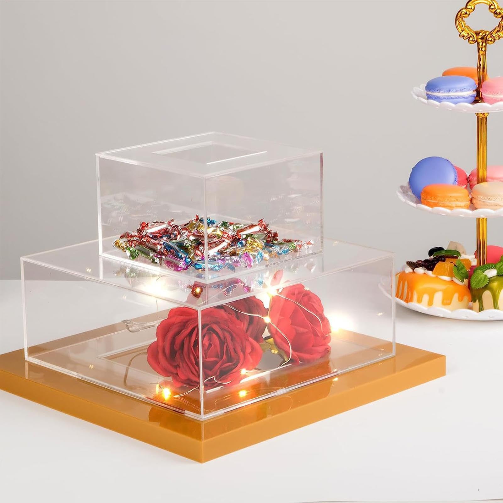 Soporte para tartas de acrílico – Soporte cuadrado transparente para postres | Plataforma de pastelería rellenable para tartas, elegante centro de mesa para bodas, aniversarios, cumpleaños y