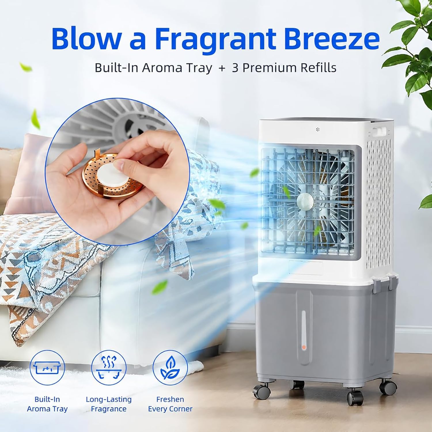 Portable Evaporative Air Cooler, Detachable Tank, Remote Control