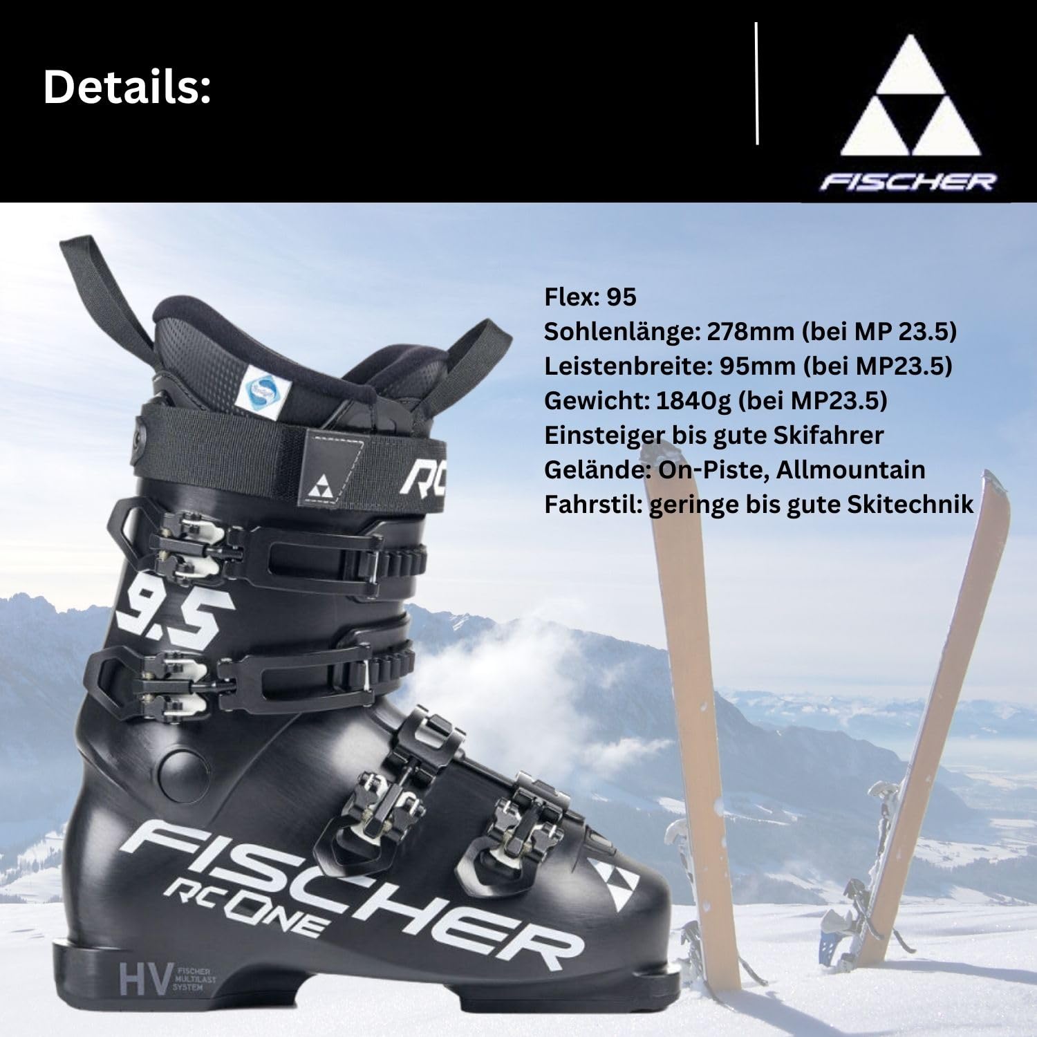 Fischer Damen Skischuhe Skistiefel Alpinskischuhe Alpin-Skistiefel Alpinstiefel für Frauen RC One 9.5 - Flex 95 - GripWalk - Allmountain - für Anfänger und fortgeschrittene Fahrer