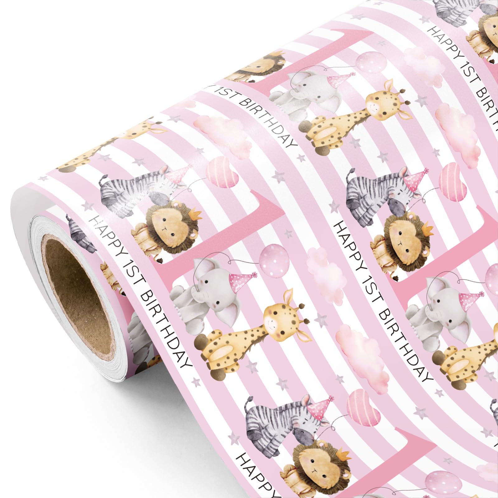 RUSPEPA Baby Girl 1st Birthday Wrapping Paper - Mini Roll - 43.2cm x 5m - Baby Pink Adorable Jungle Animal Wrapping Paper Perfect for Kids Girls Birthday — image 1