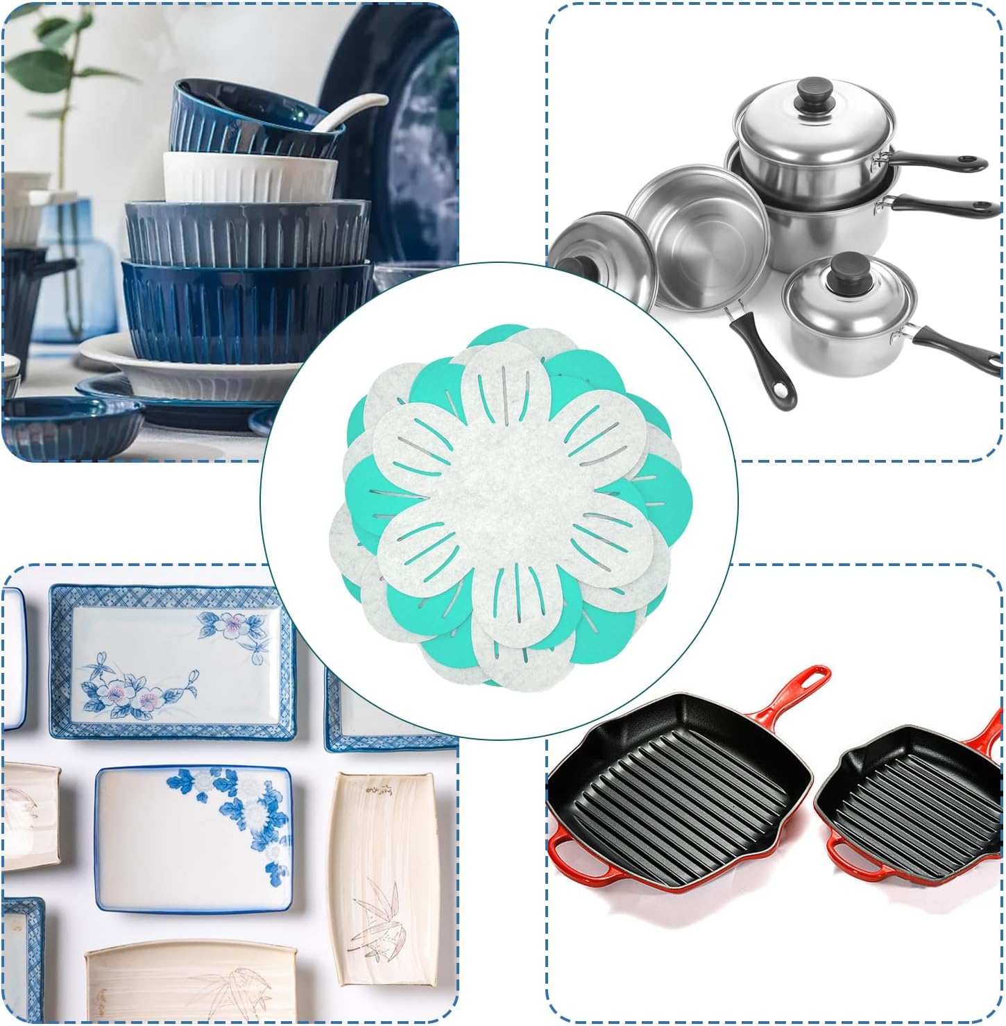 6 Pcs Pot & Pan Protectors, 3 Sizes, Thicker Felt Pads, Anti-Slip Dividers
